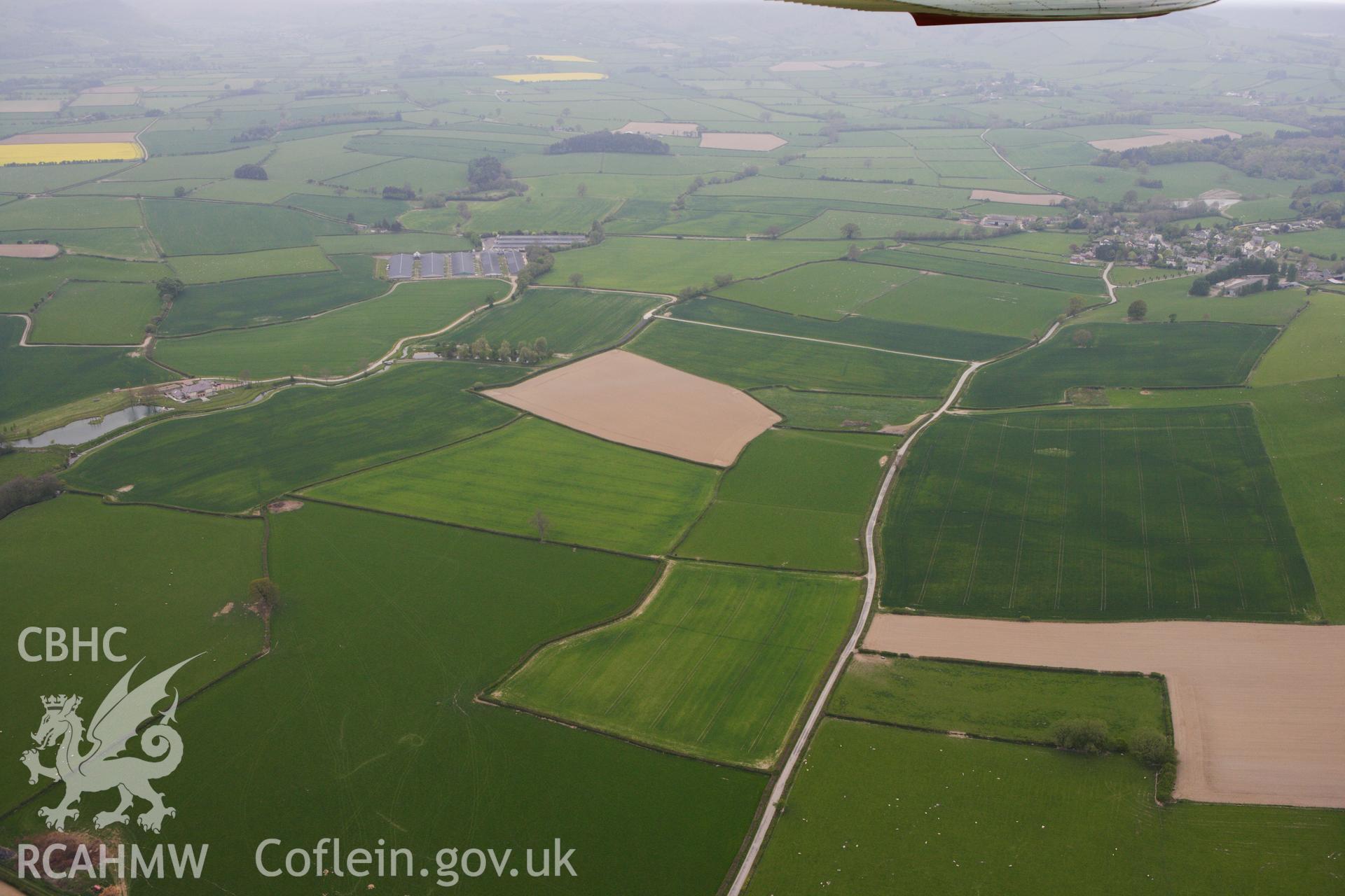 RCAHMW colour oblique photograph of Hindwell Cursus, north-east terminal. Taken by Toby Driver on 26/04/2011.