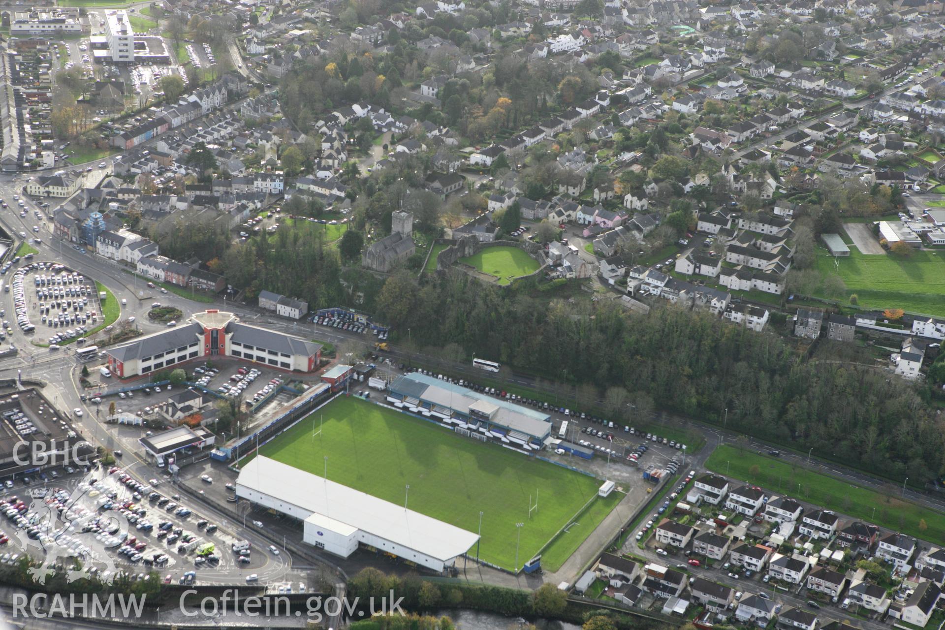 RCAHMW colour oblique photograph of Brewery Field Stadium, Bridgend. Taken by Toby Driver on 17/11/2011.