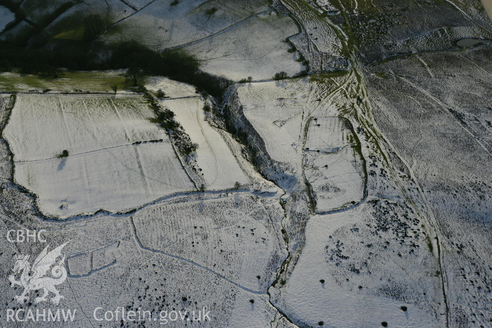 RCAHMW colour oblique photograph of Aberedw Hill deserted rural settlement. Taken by Toby Driver on 18/12/2011.