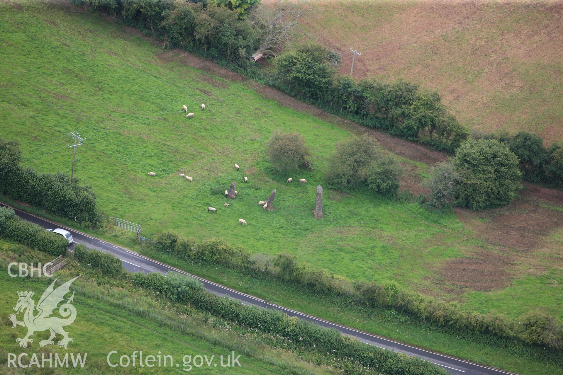 RCAHMW colour oblique photograph of Harold's Stones, alignment. Taken by Toby Driver on 20/07/2011.