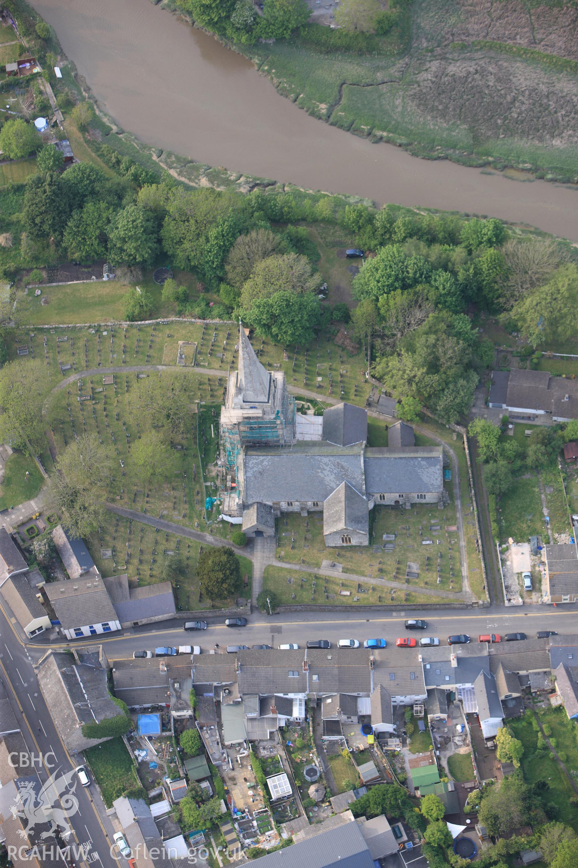 RCAHMW colour oblique photograph of St Mary's church, Kidwelly. Taken by Toby Driver and Oliver Davies on 04/05/2011.