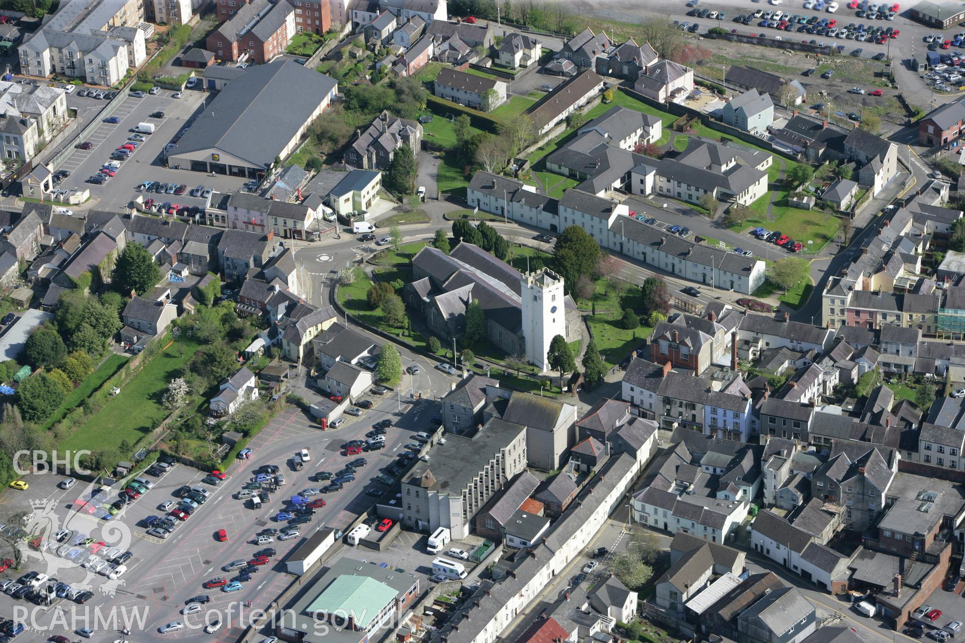 RCAHMW colour oblique photograph of St Peter's Church, Carmarthen. Taken by Toby Driver on 08/04/2011.