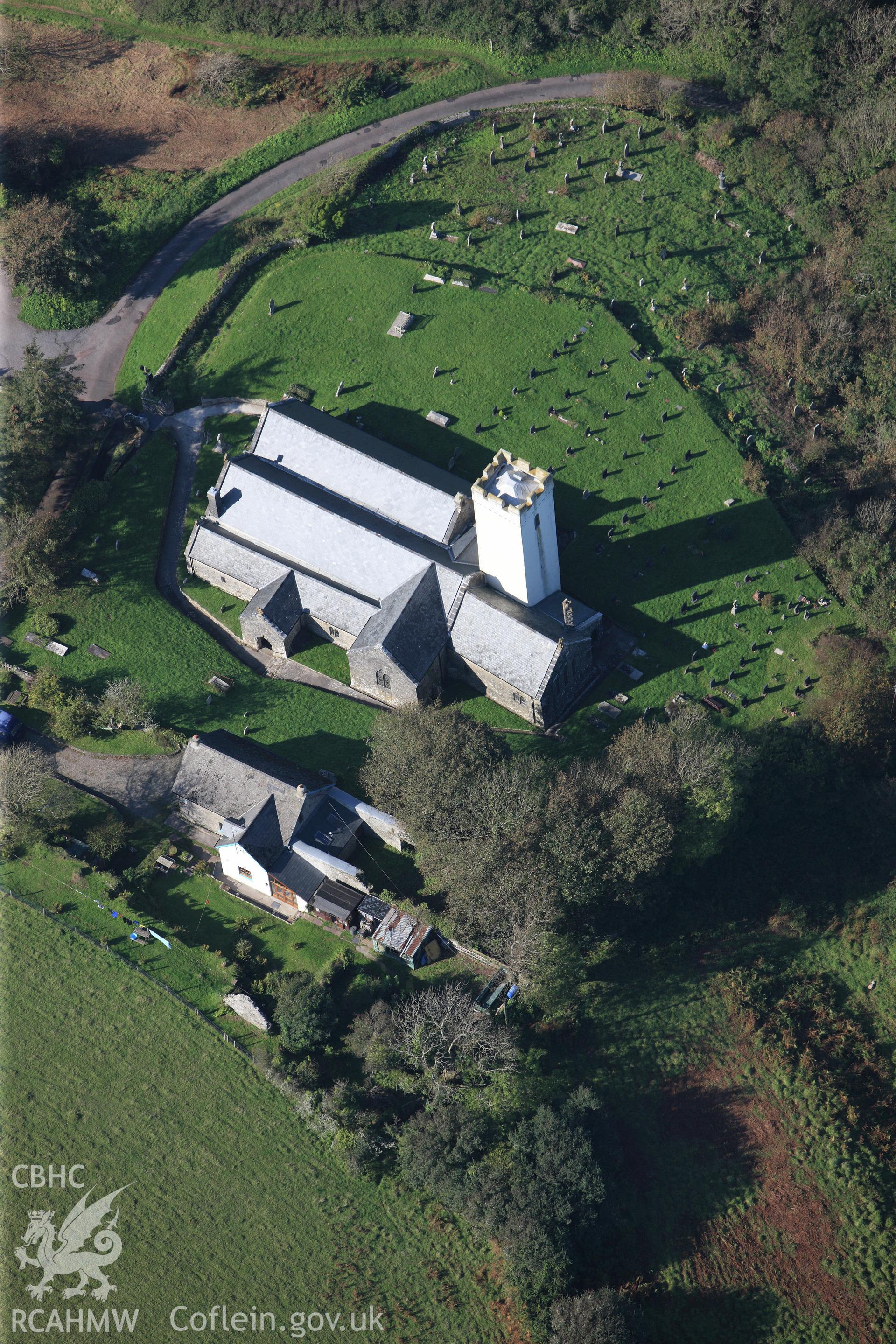 RCAHMW colour oblique photograph of St James's Church, Manorbier, viewed from the south-east. Taken by Toby Driver and Oliver Davies on 28/09/2011.