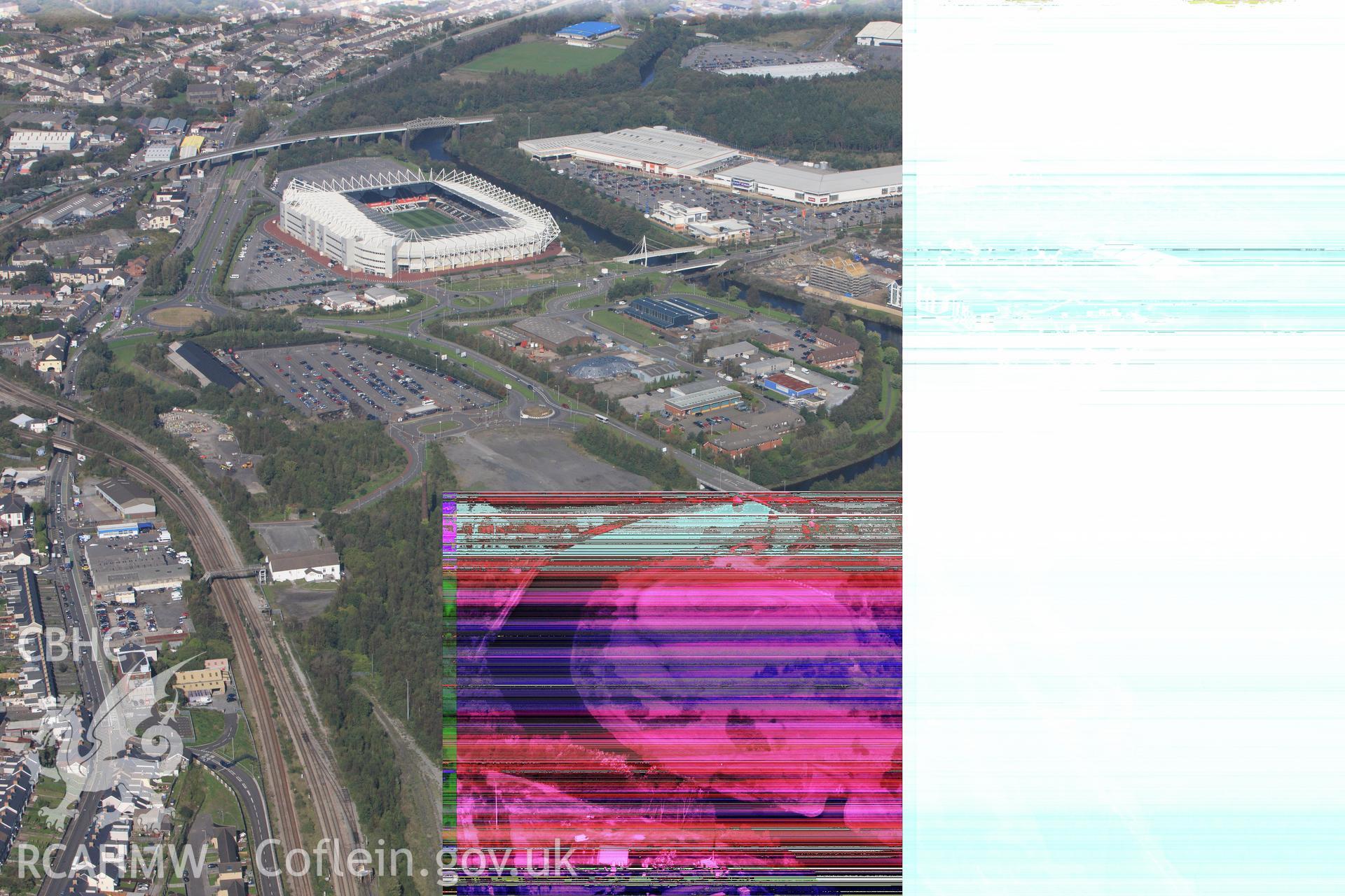 RCAHMW colour oblique photograph of Morfa Stadium, Swansea (damaged frame). Taken by Toby Driver and Oliver Davies on 28/09/2011.