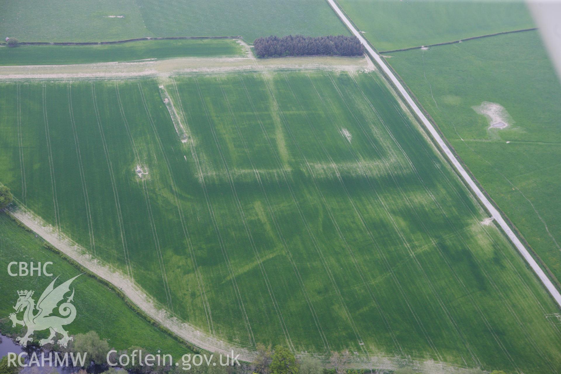 RCAHMW colour oblique photograph of Forden Gaer Roman settlement, with cropmarks showing. Taken by Toby Driver on 26/04/2011.