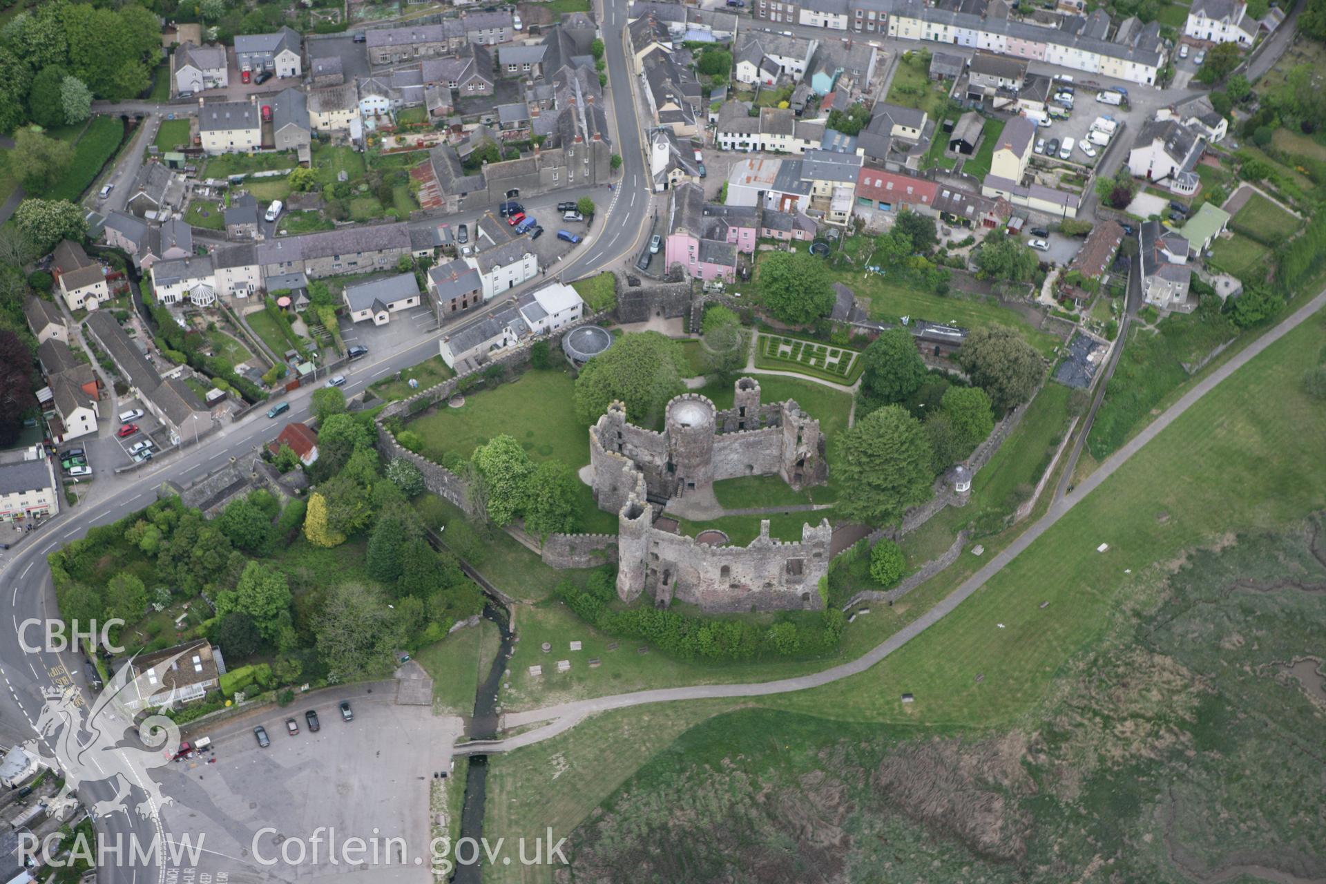 RCAHMW colour oblique photograph of Laugharne Castle. Taken by Toby Driver and Oliver Davies on 04/05/2011.