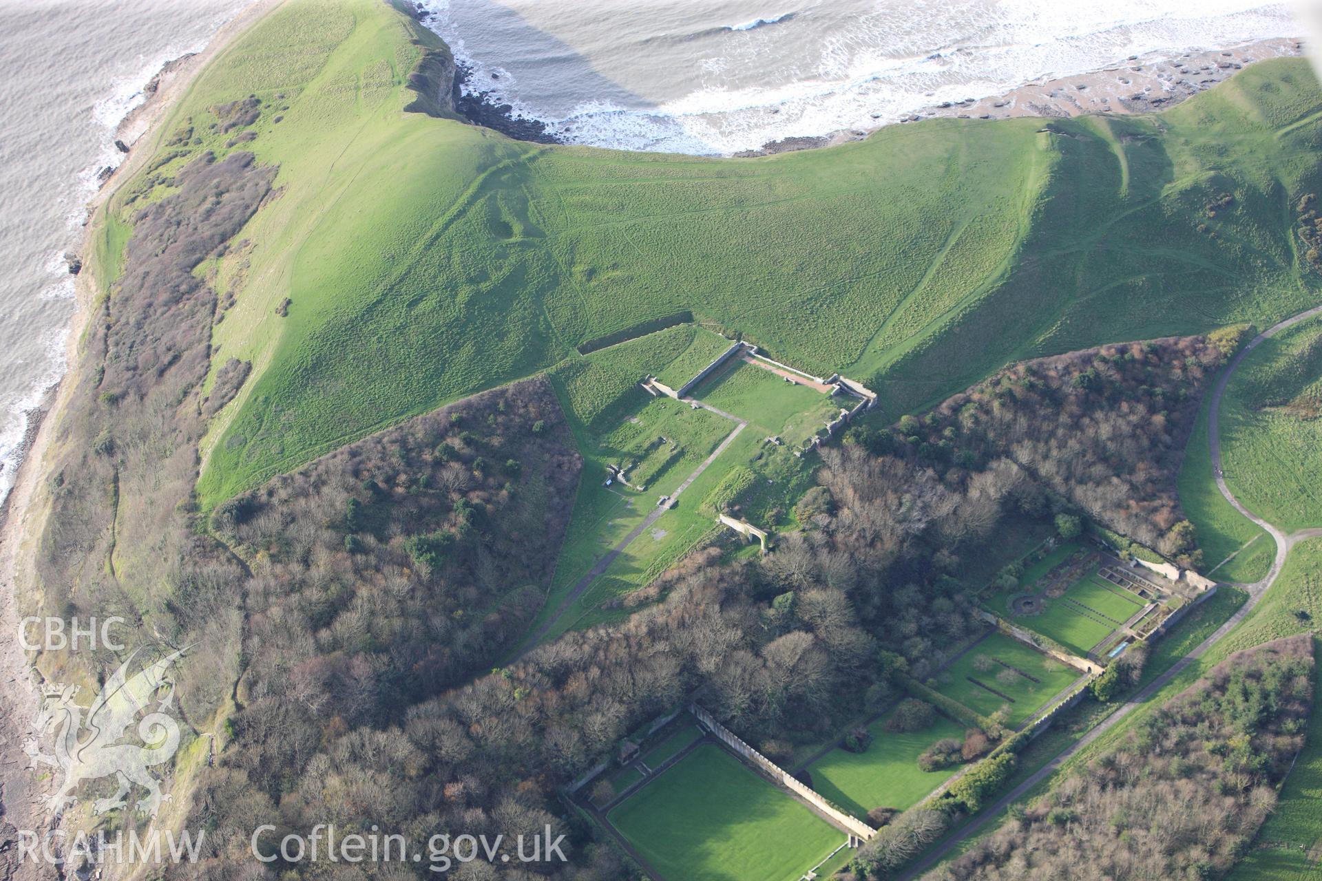 RCAHMW colour oblique photograph of Dunraven Castle, with Dunraven Hillfort, St Brides Major. Taken by Toby Driver on 17/11/2011.