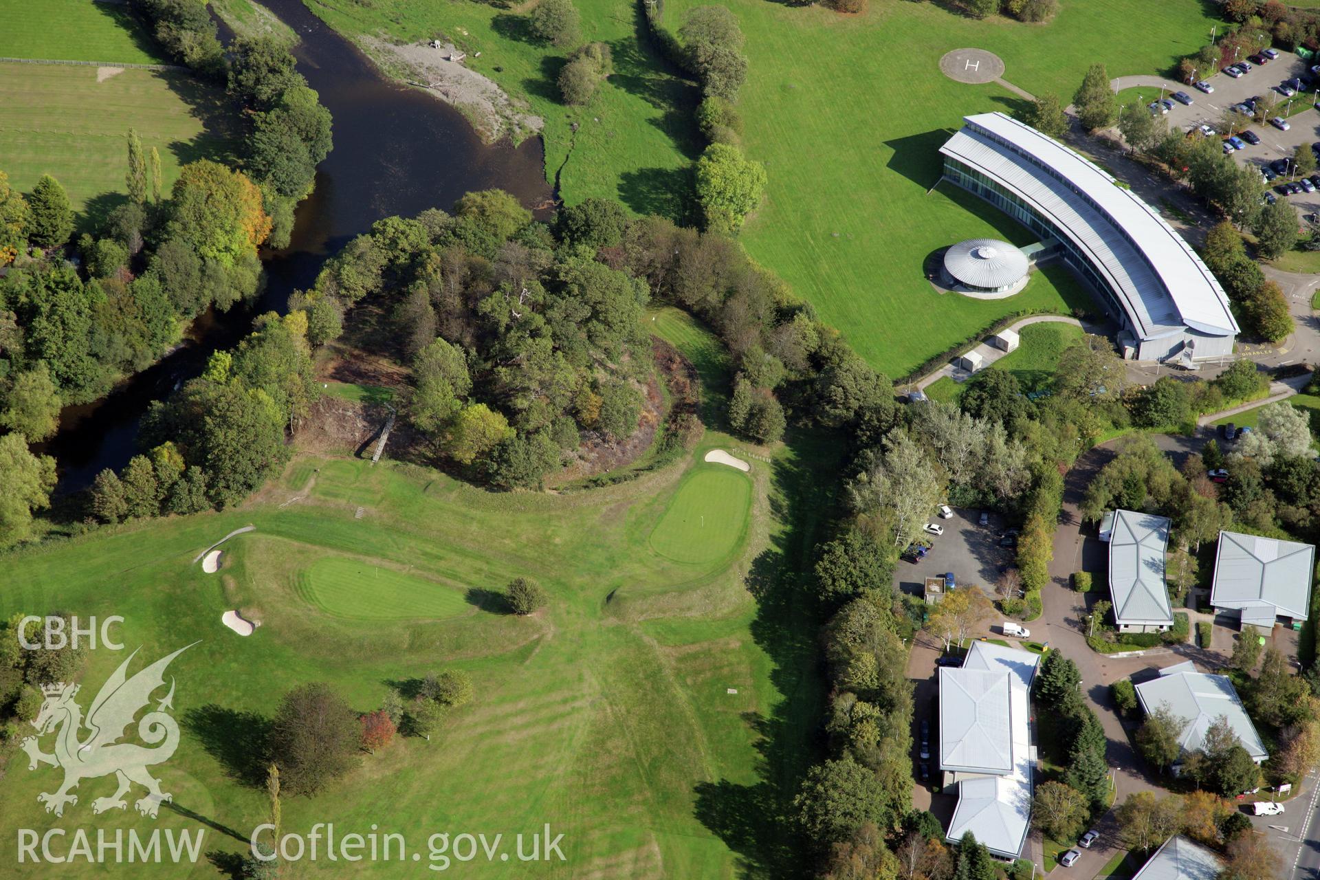 RCAHMW colour oblique photograph of Gro Tump Mound and Bailey. Taken by Oliver Davies on 29/09/2011.