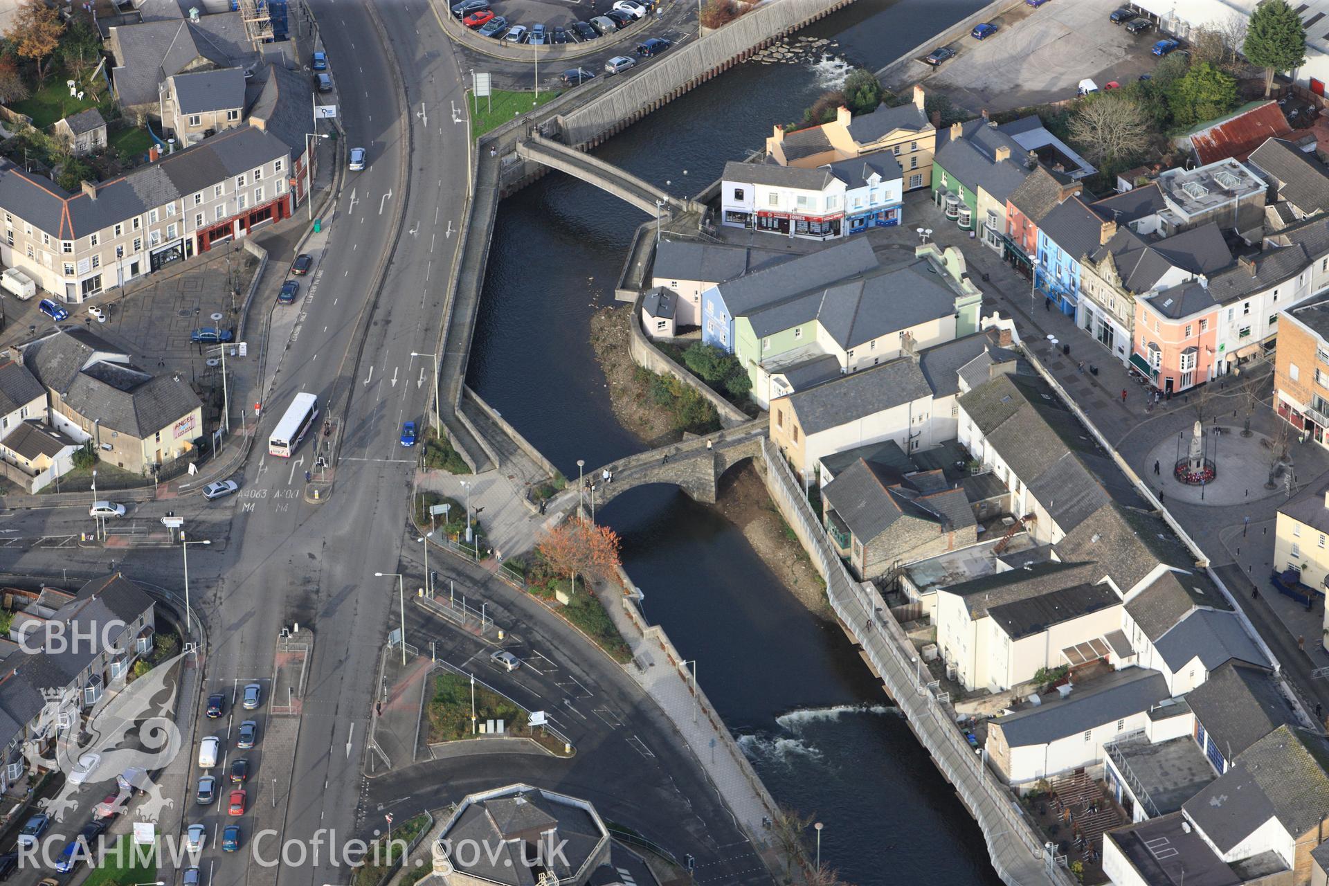 RCAHMW colour oblique photograph of Old Bridge, Pennebont. Taken by Toby Driver on 17/11/2011.