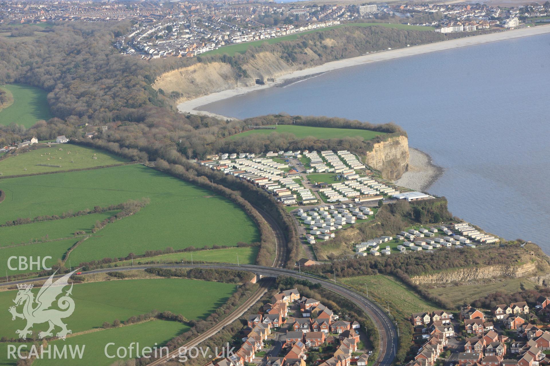 RCAHMW colour oblique photograph of Porthkerry Caravan Site, with landslip. Taken by Toby Driver on 17/11/2011.