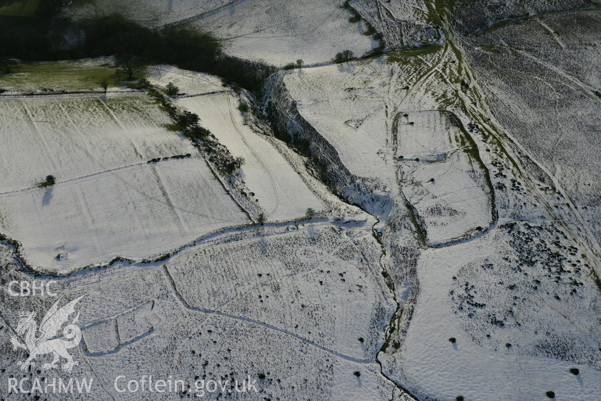 RCAHMW colour oblique photograph of Aberedw Hill deserted rural settlement. Taken by Toby Driver on 18/12/2011.