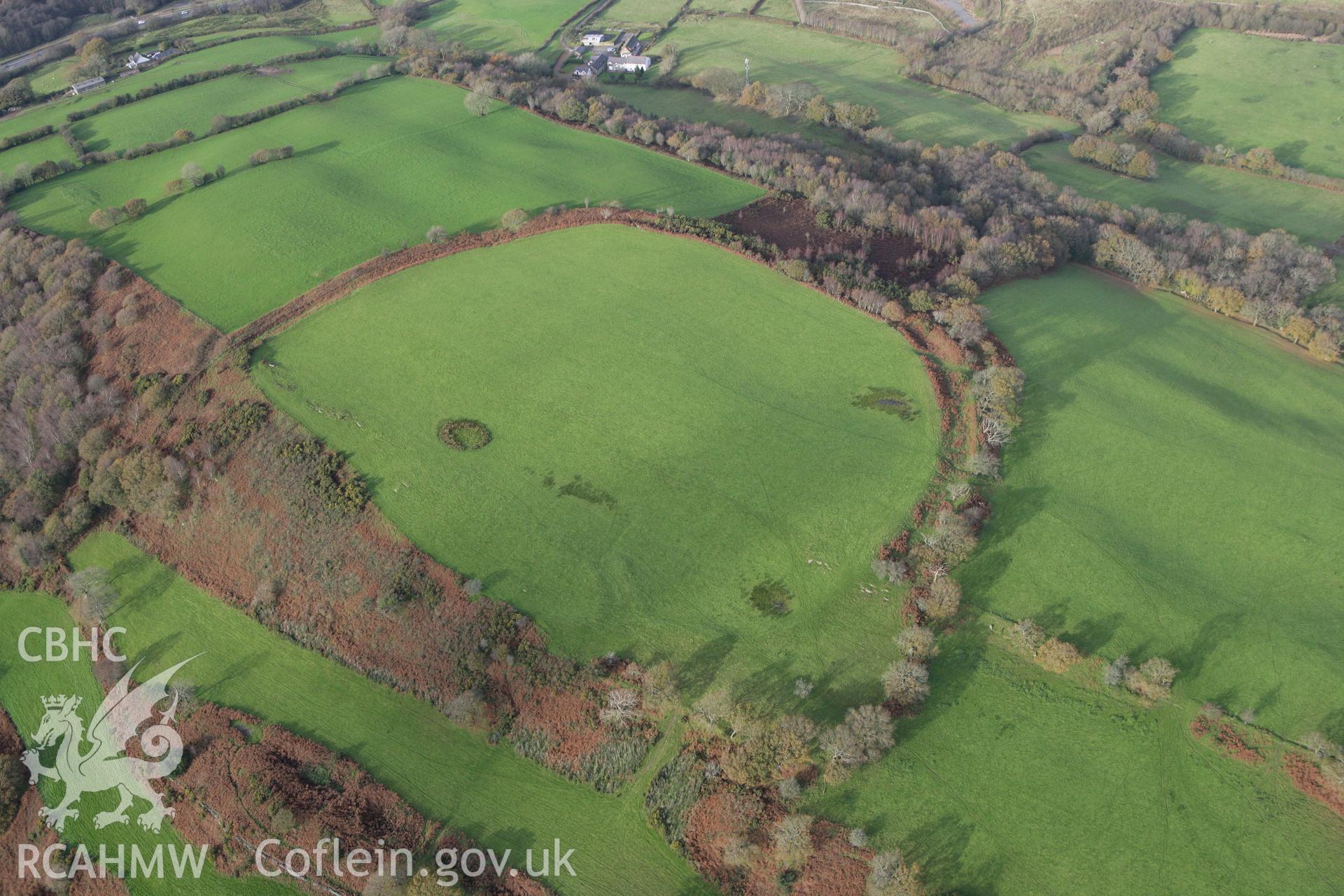 RCAHMW colour oblique photograph of Caerau Hillfort, Rhiwsaeson, Llantrisant. Taken by Toby Driver on 17/11/2011.