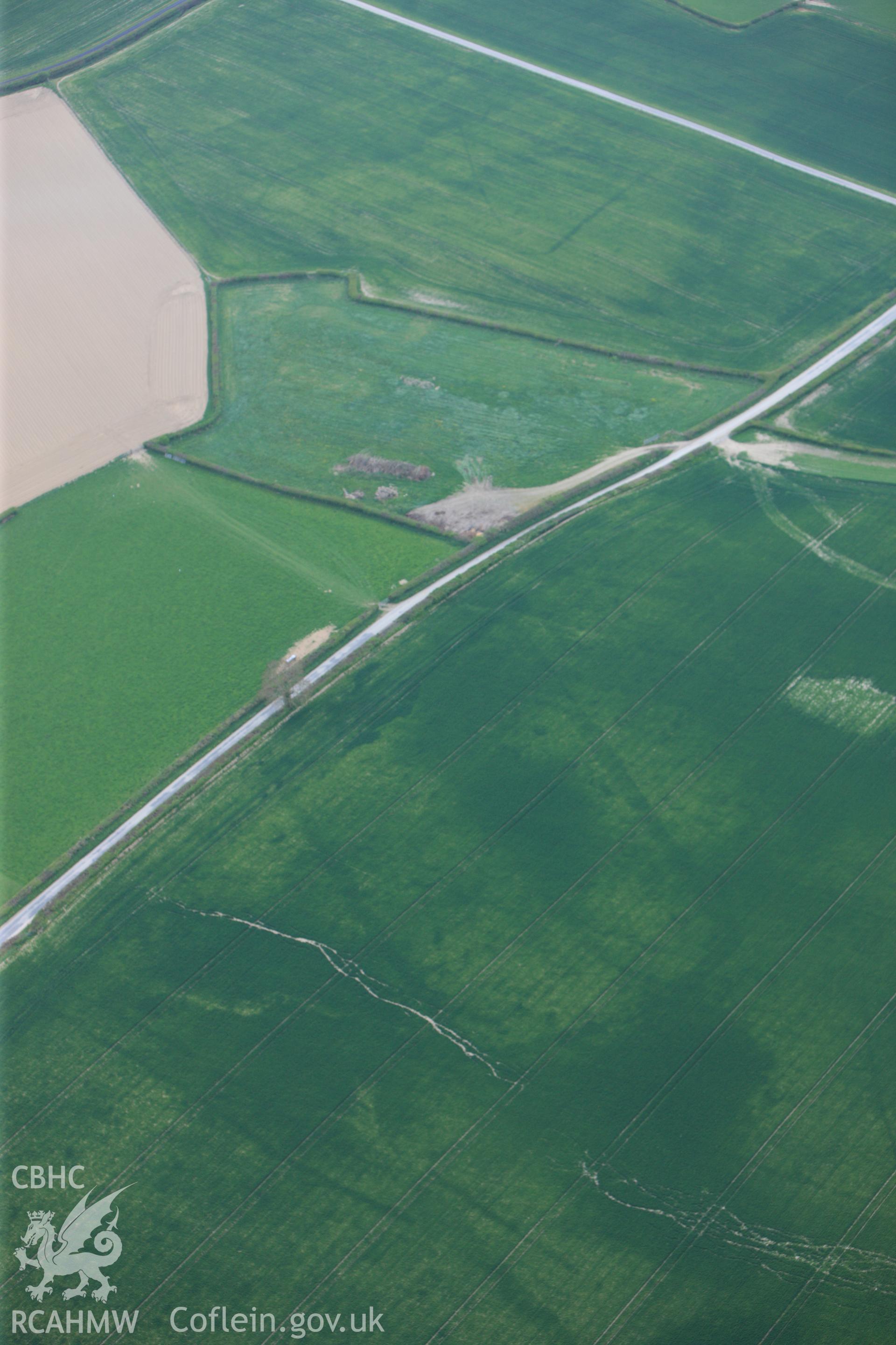 RCAHMW colour oblique photograph of Hindwell Cursus, north-east terminal. Taken by Toby Driver on 26/04/2011.