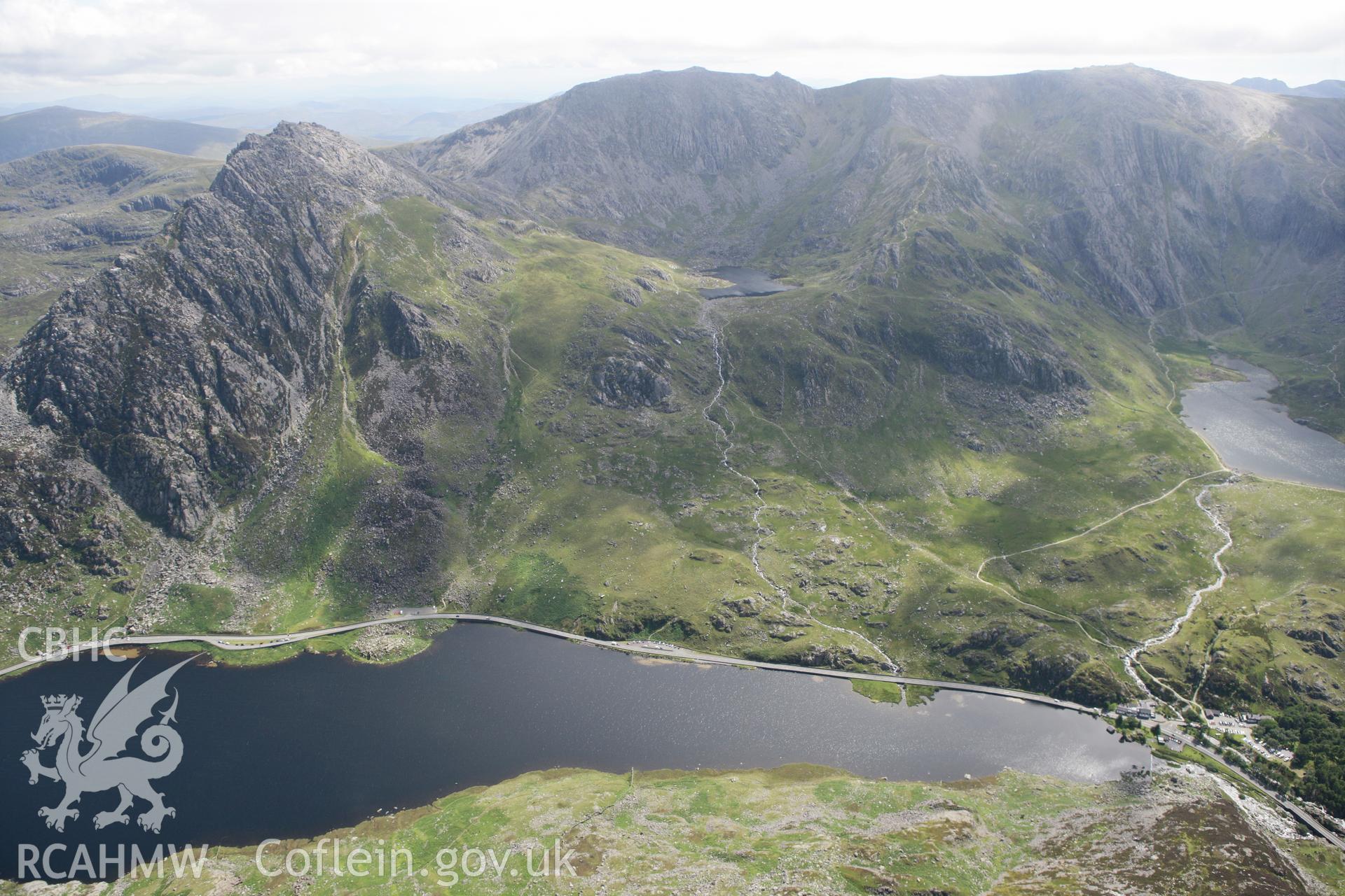 RCAHMW colour oblique photograph of Tryfan, mountain, landscape from north over Llyn Ogwen. Taken by Toby Driver on 20/07/2011.