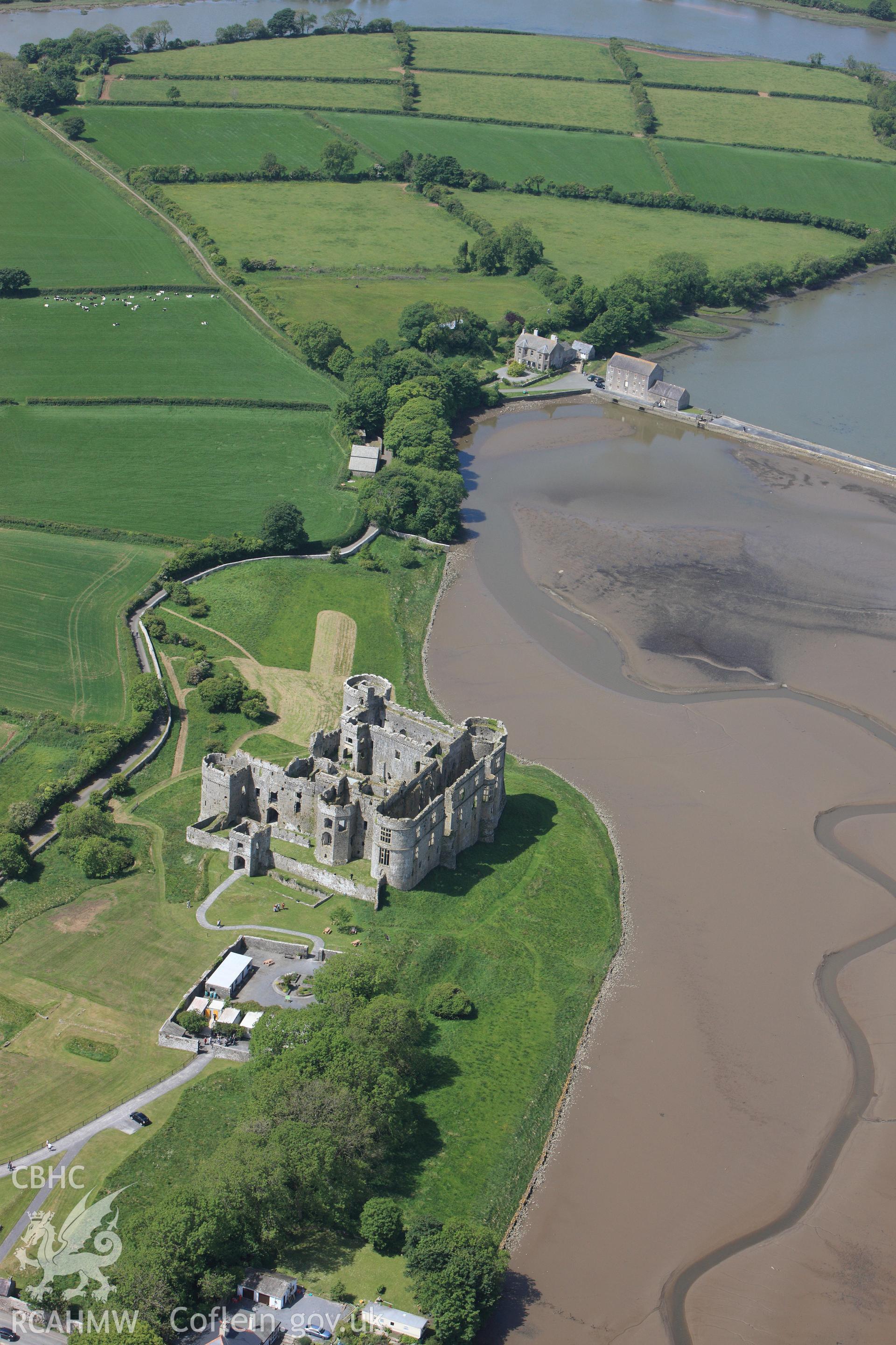 RCAHMW colour oblique photograph of Carew Castle and Carew Bridge. Taken by Toby Driver on 24/05/2011.