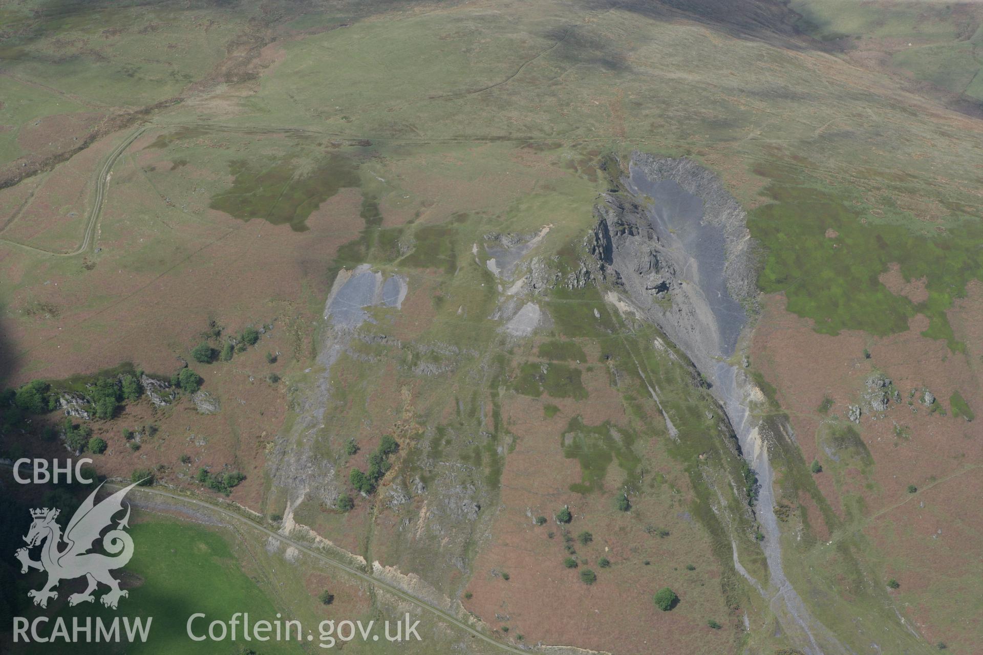 RCAHMW colour oblique photograph of Craig-y-mwyn Lead Mine, Llanrhaedr-ym-Mochnant. Taken by Toby Driver on 03/05/2011.