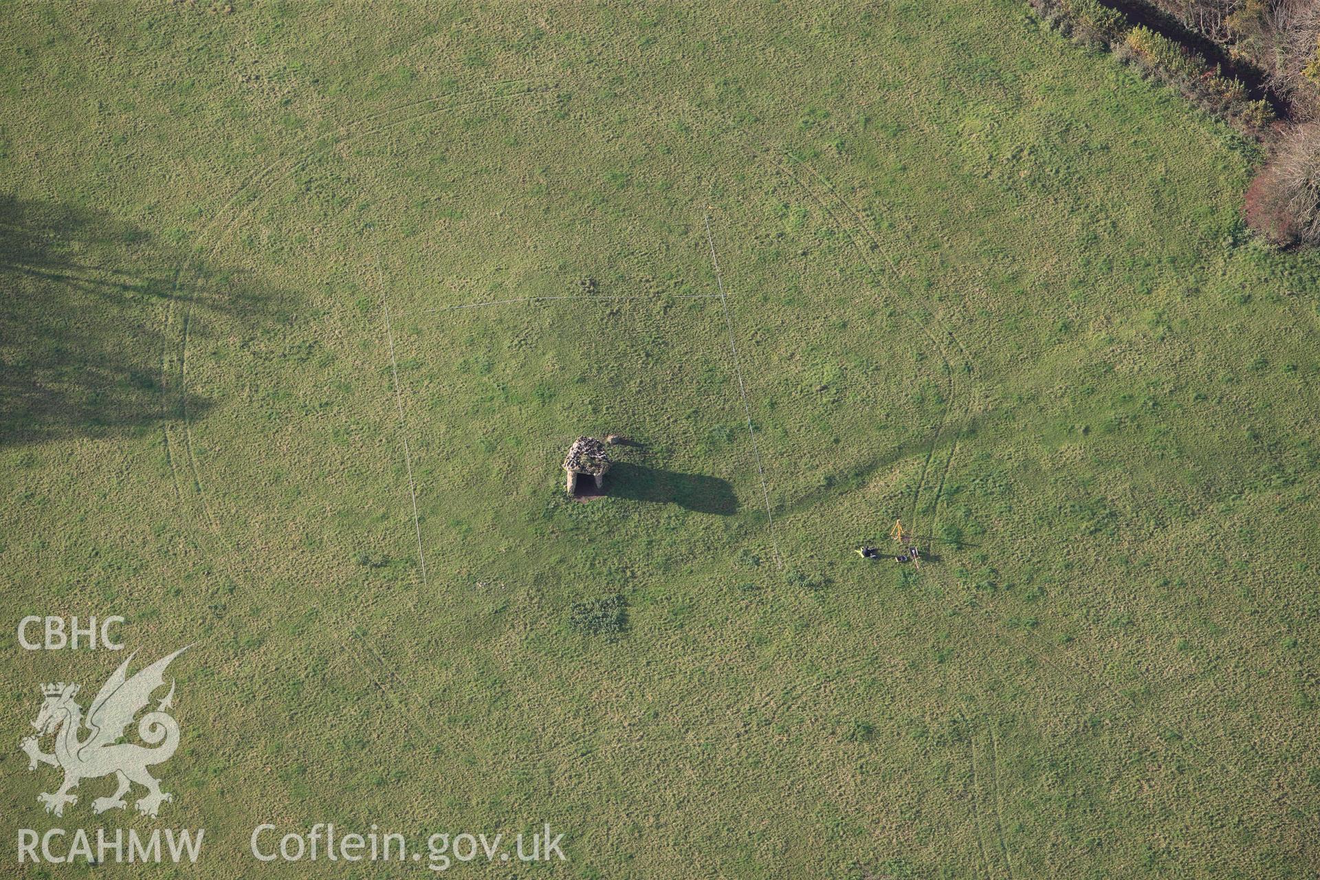 RCAHMW colour oblique photograph of St Lythans Chambered Long Cairn. Taken by Toby Driver on 17/11/2011.