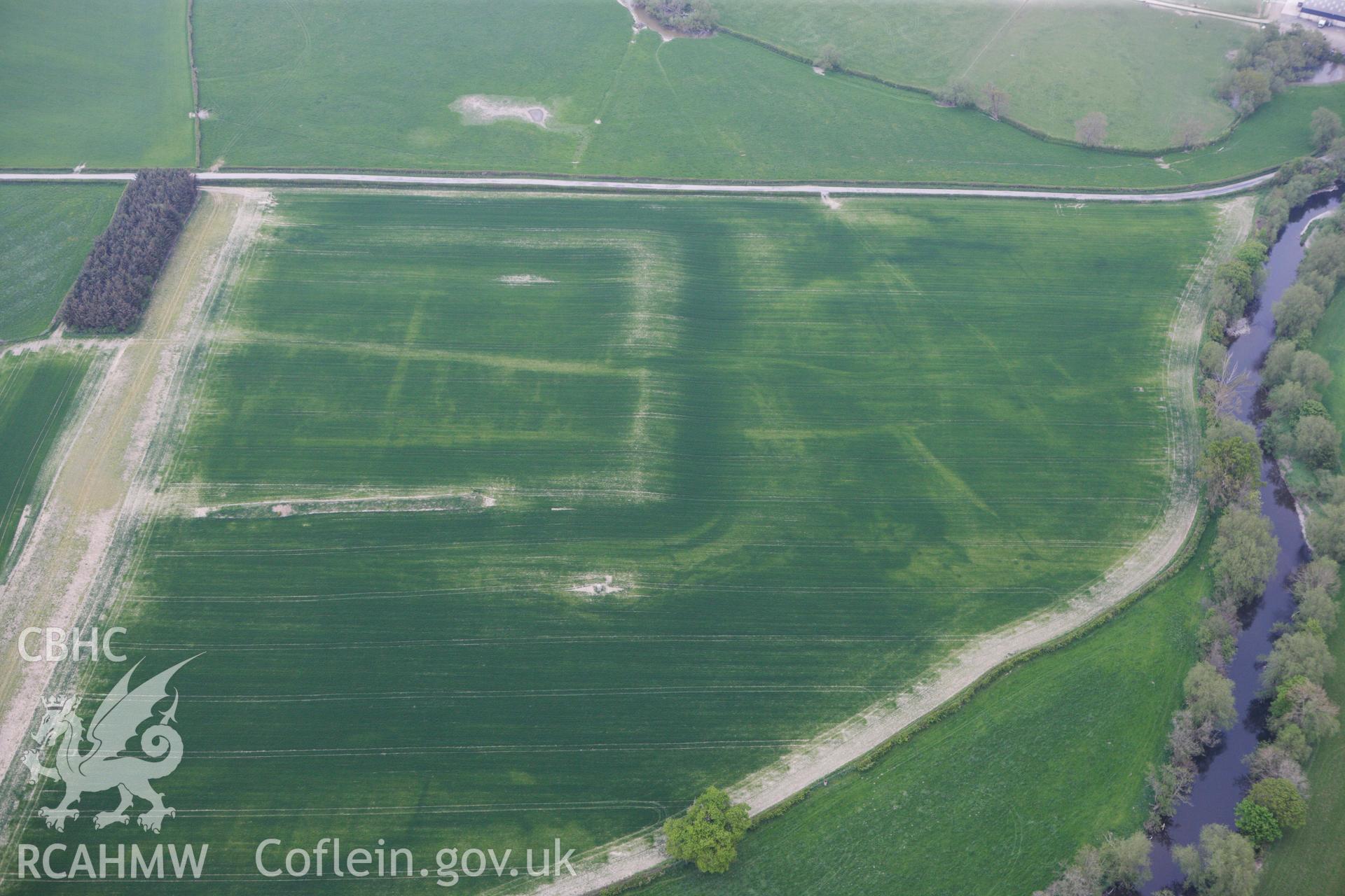 RCAHMW colour oblique photograph of Forden Gaer Roman settlement, with cropmarks showing. Taken by Toby Driver on 26/04/2011.