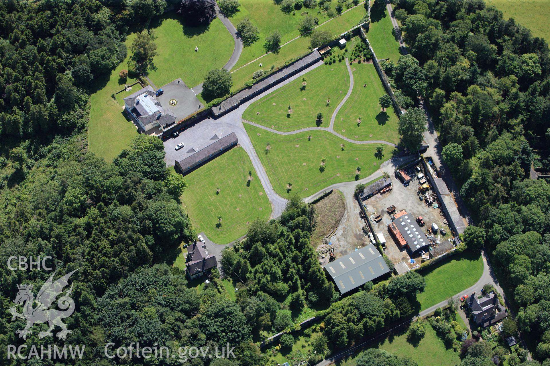 RCAHMW colour oblique photograph of Penrhyn Castle gardens, Maes y Gerddi and north walled garden. Taken by Toby Driver on 20/07/2011.