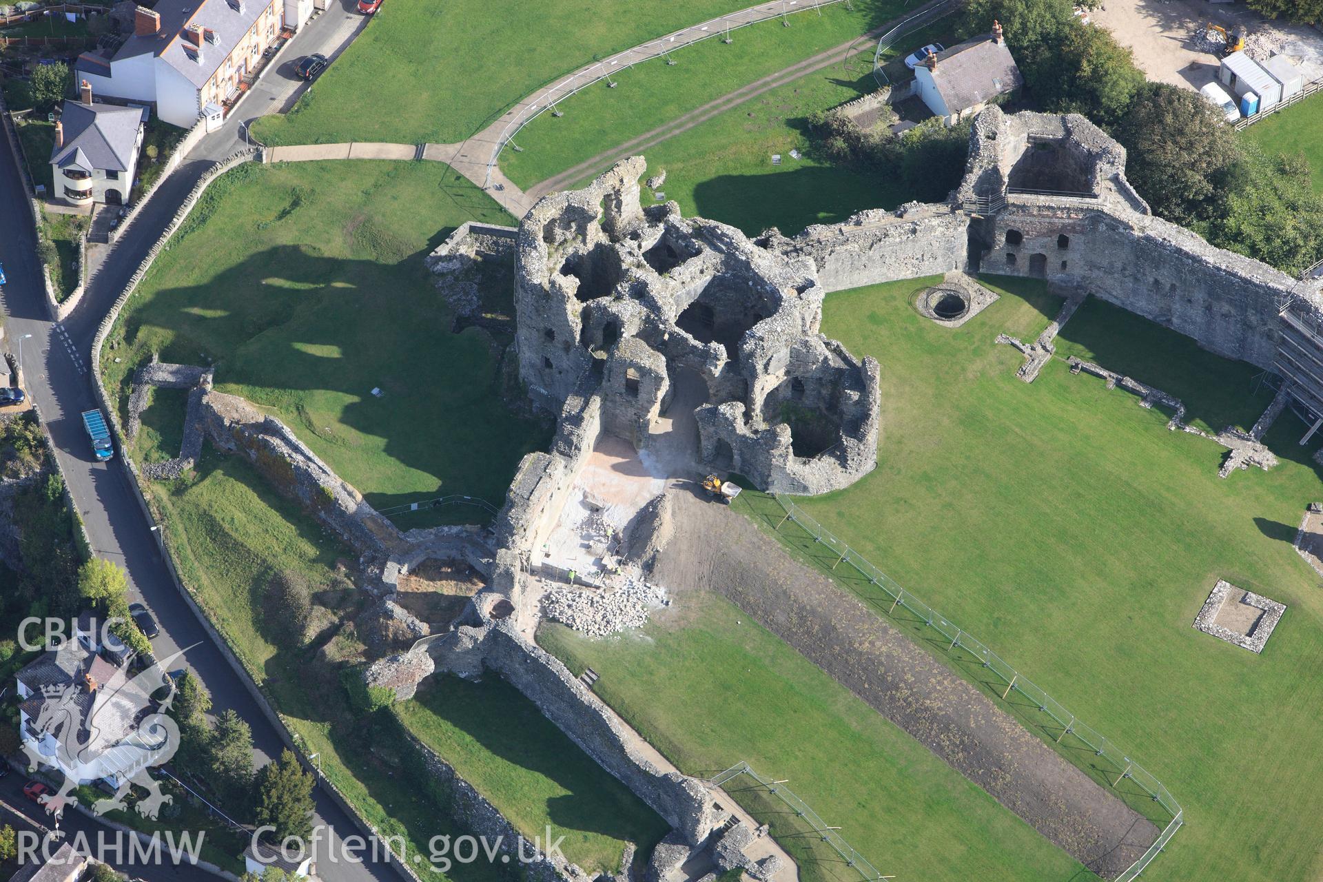 RCAHMW colour oblique photograph of CADW Visitor Centre, Denbigh Castle. Taken by Toby Driver on 04/10/2011.