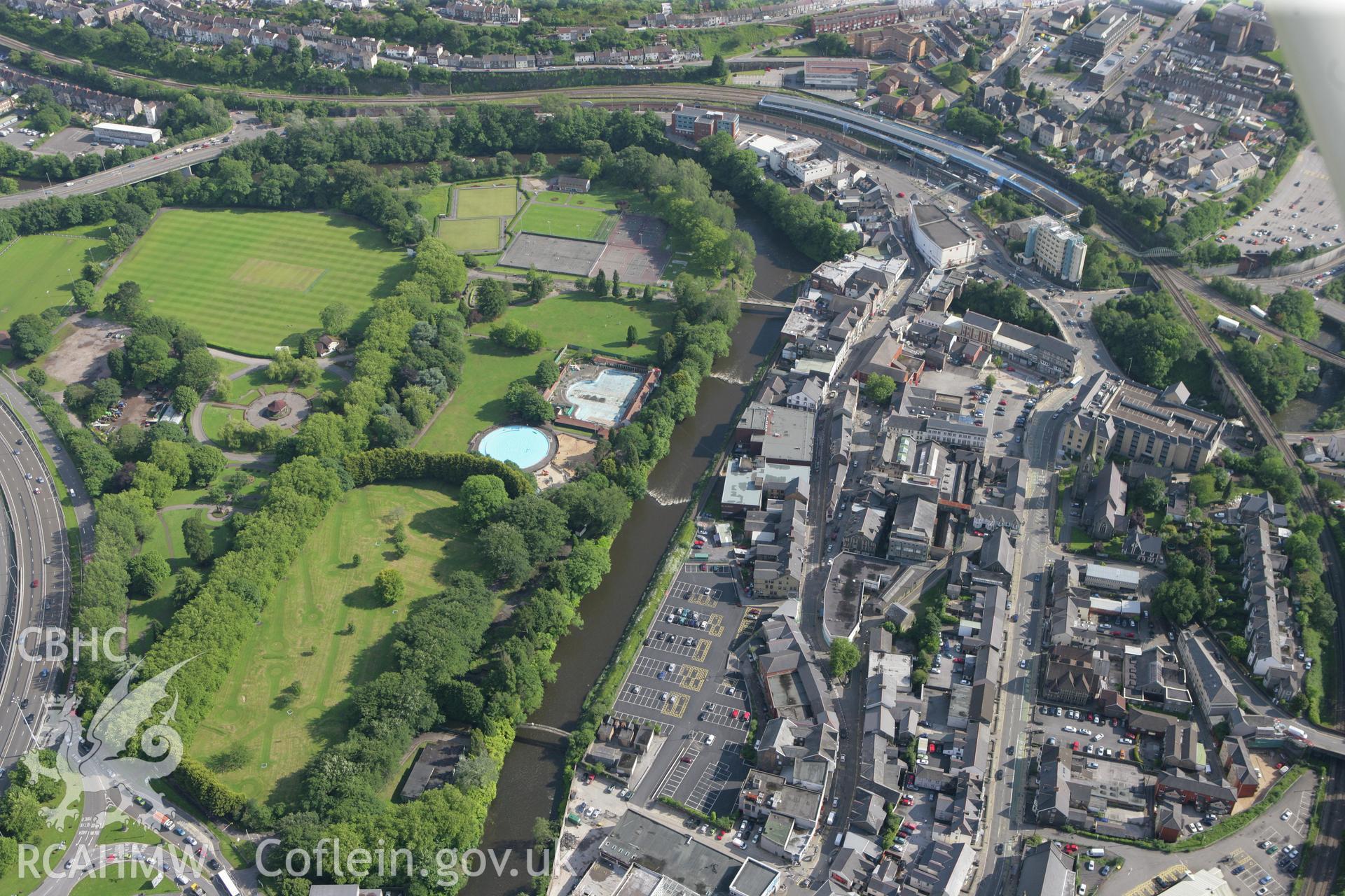 RCAHMW colour oblique photograph of Ynysangharad Park, Pontypridd. Taken by Toby Driver on 13/06/2011.