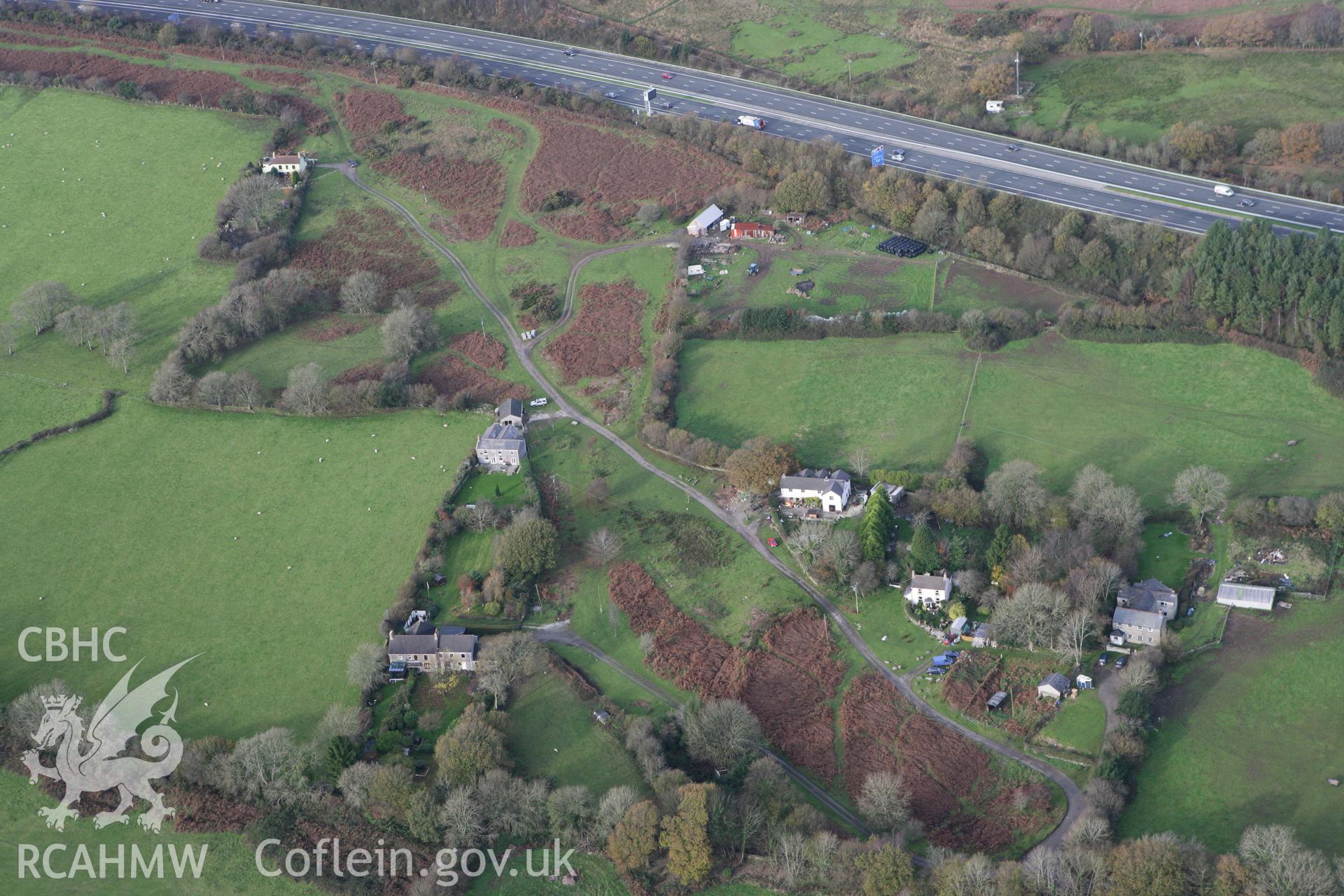 RCAHMW colour oblique photograph of Pant-y-Pyllau earthwork. Taken by Toby Driver on 17/11/2011.