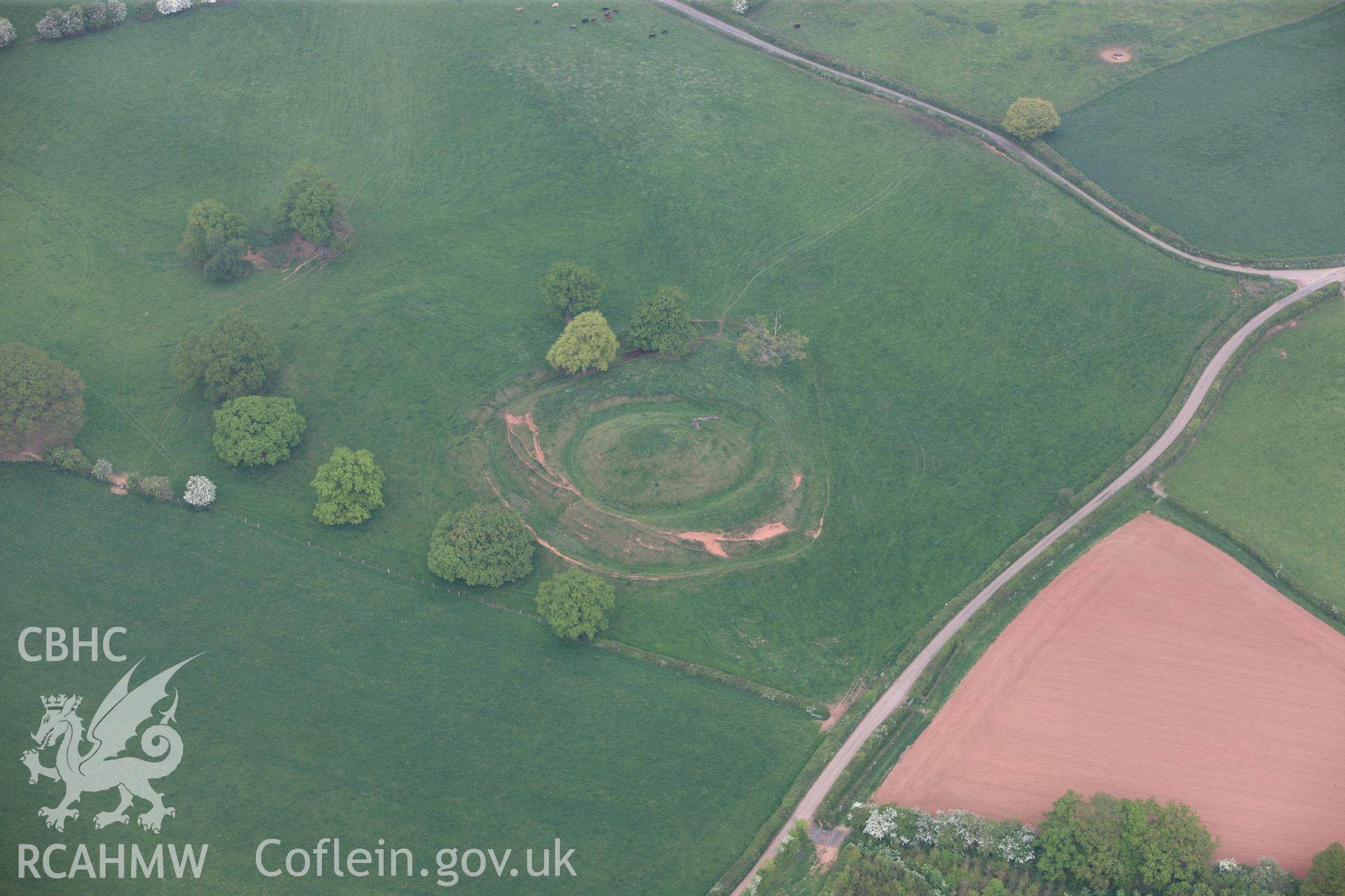 RCAHMW colour oblique photograph of Penrhos Castle, motte. Taken by Toby Driver on 26/04/2011.