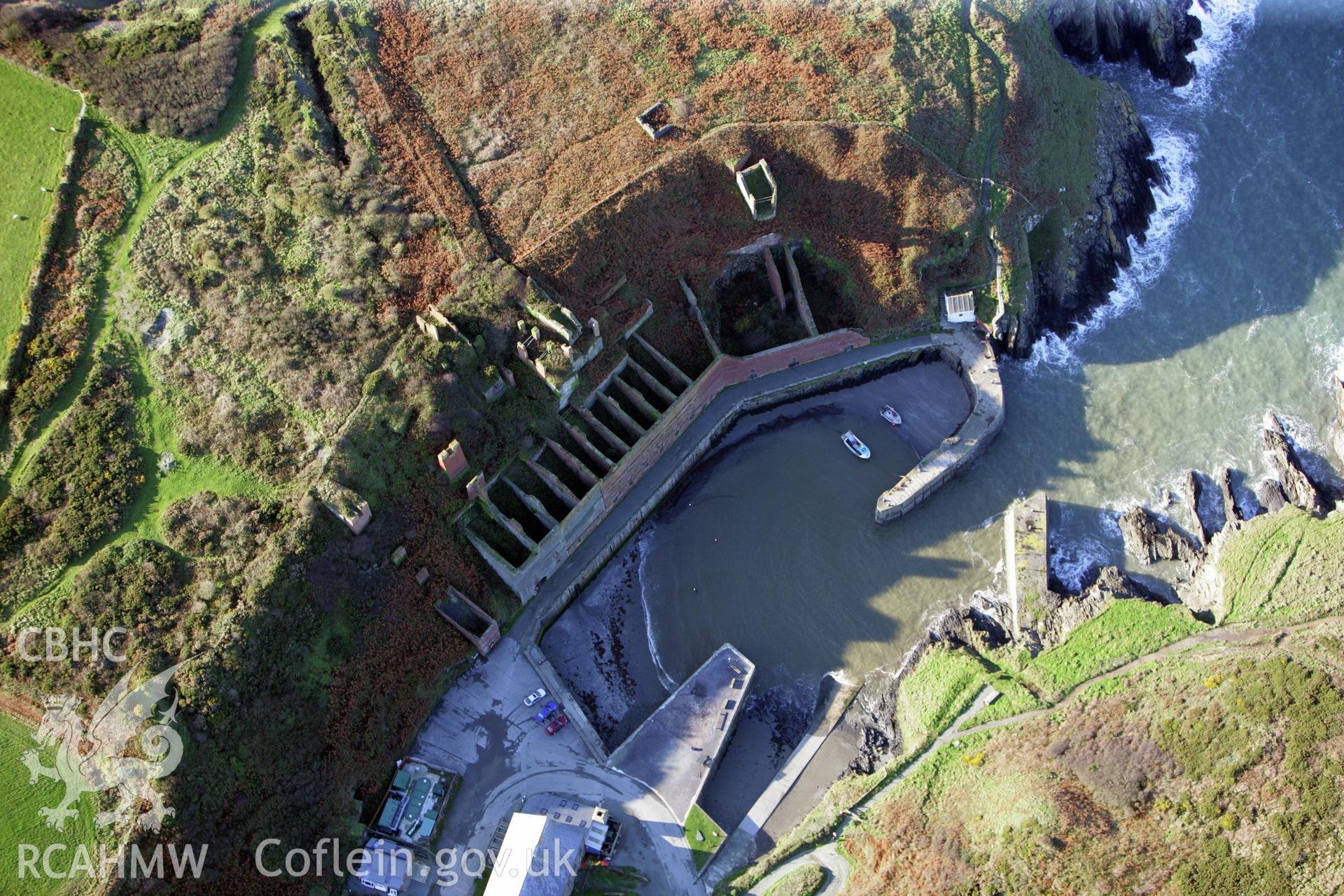 RCAHMW colour oblique photograph of Porth-gain Harbour and brickworks, viewed from the south-east. Taken by O. Davies & T. Driver on 22/11/2013.