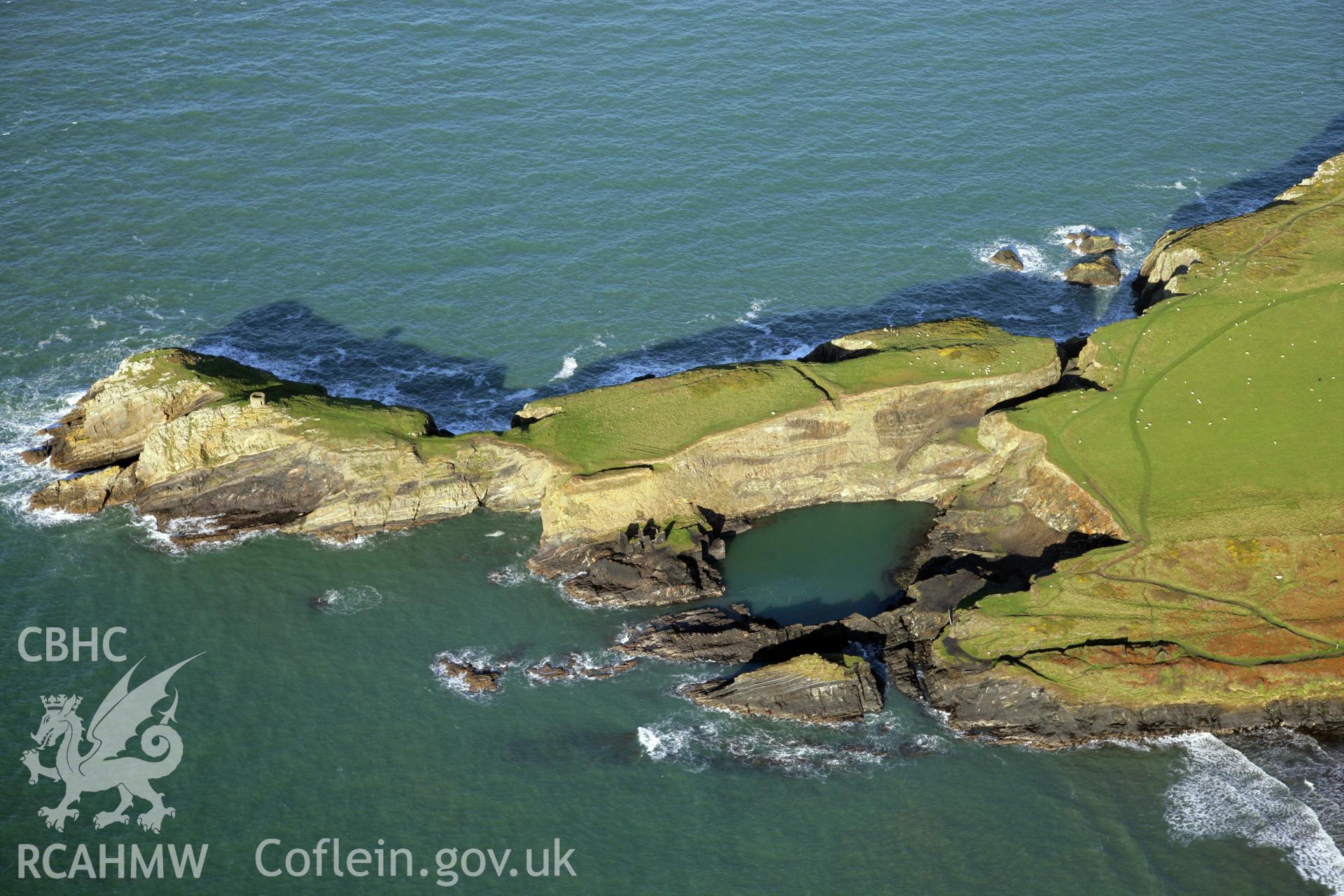 RCAHMW colour oblique photograph of Aber Eiddy Tower, St Brides slate quarries and Abereiddi industrial complex, viewed from the south. Taken by O. Davies & T. Driver on 22/11/2013.