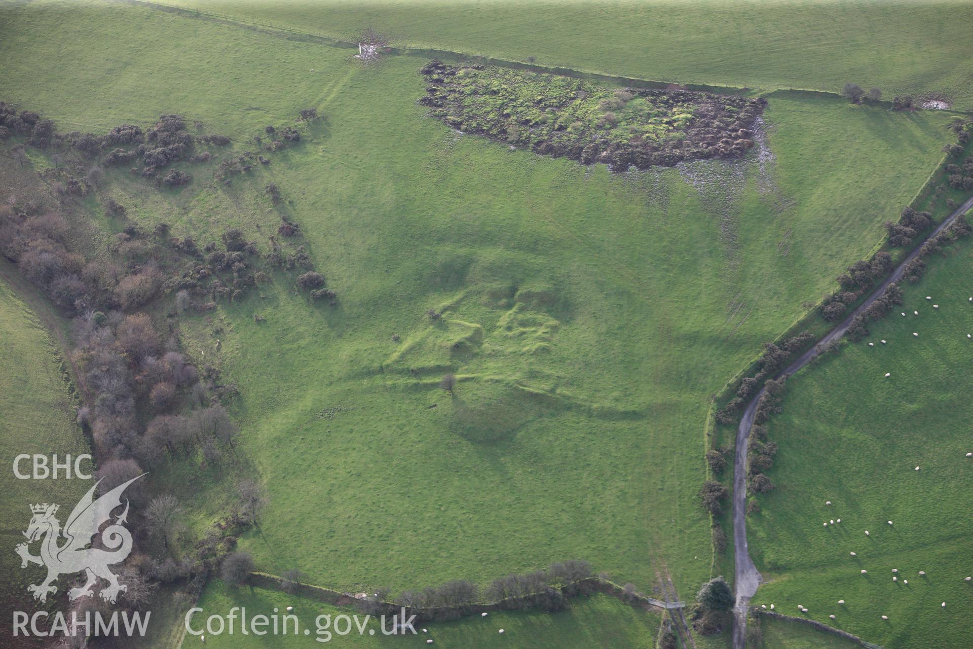 RCAHMW colour oblique photograph of British Fortified Residence, Maescadlawr. Taken by Toby Driver on 17/11/2011.