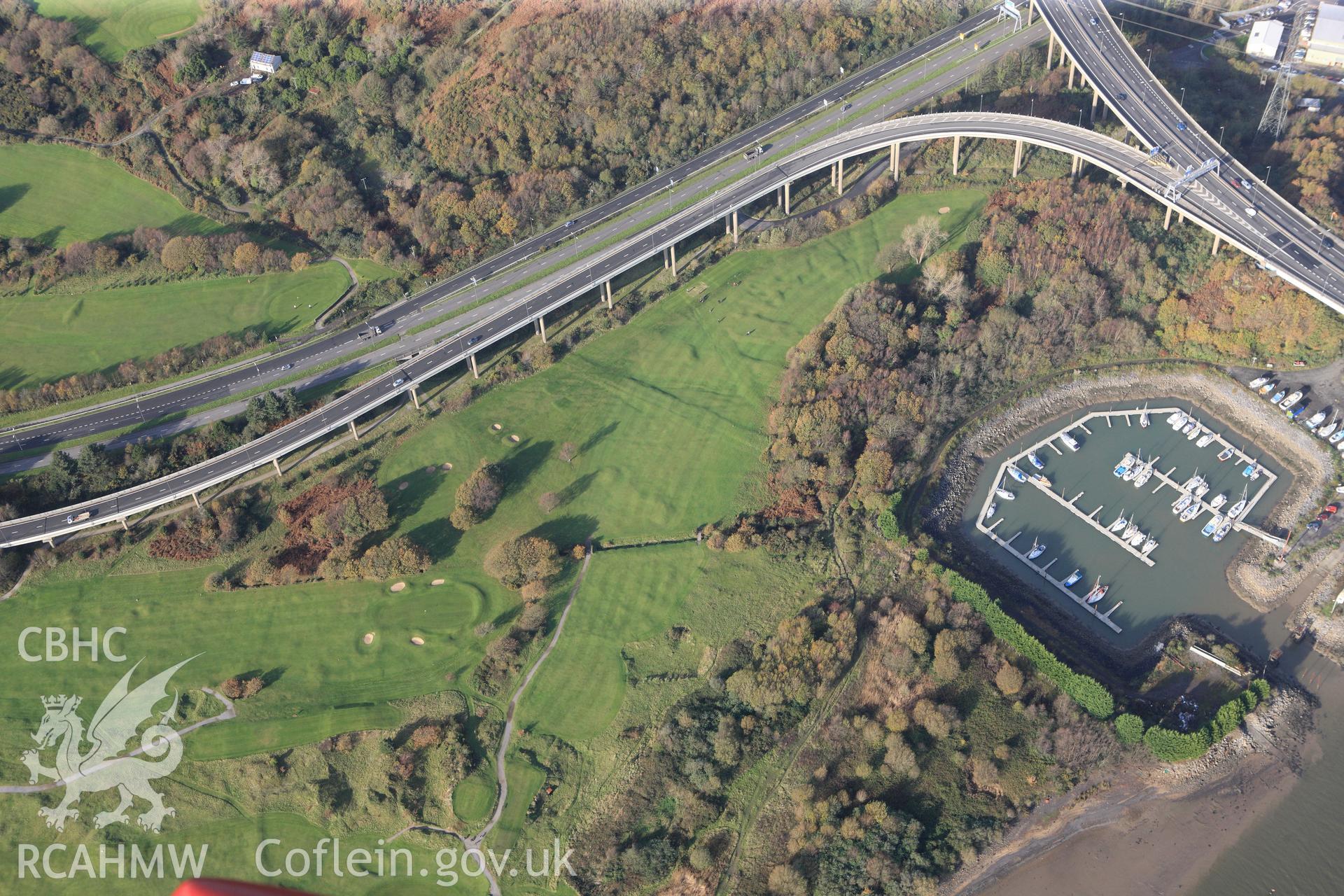 RCAHMW colour oblique photograph of Hen Gastell, with the M4. Taken by Toby Driver on 17/11/2011.