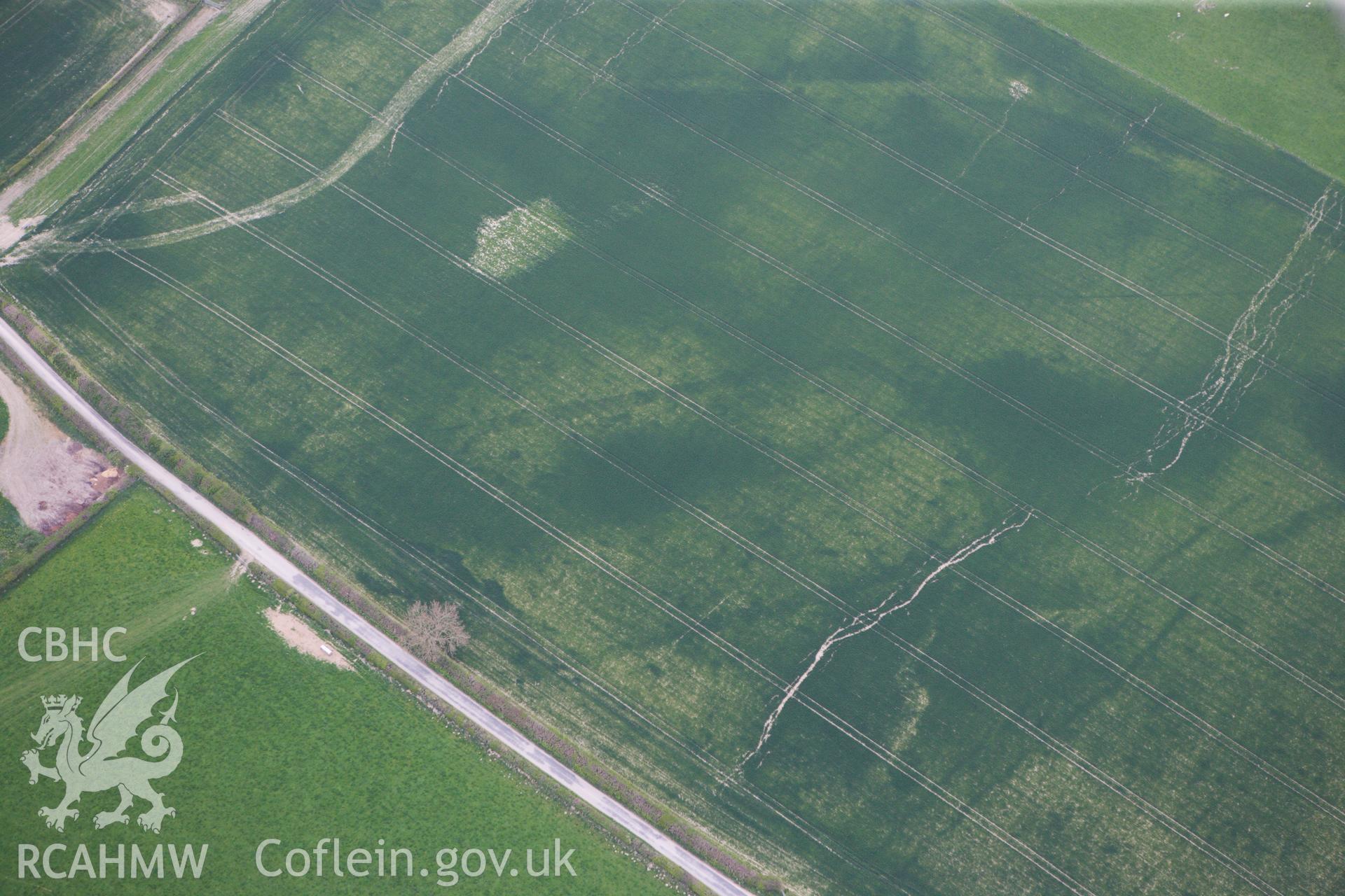 RCAHMW colour oblique photograph of Hindwell Cursus, north-east terminal. Taken by Toby Driver on 26/04/2011.