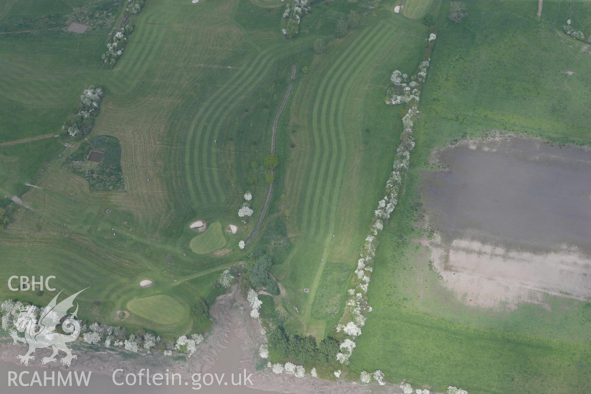 RCAHMW colour oblique photograph of Caerleon, fields to south-west of fort showing parching on golf course but no clear archaeological traces. Taken by Toby Driver on 26/04/2011.