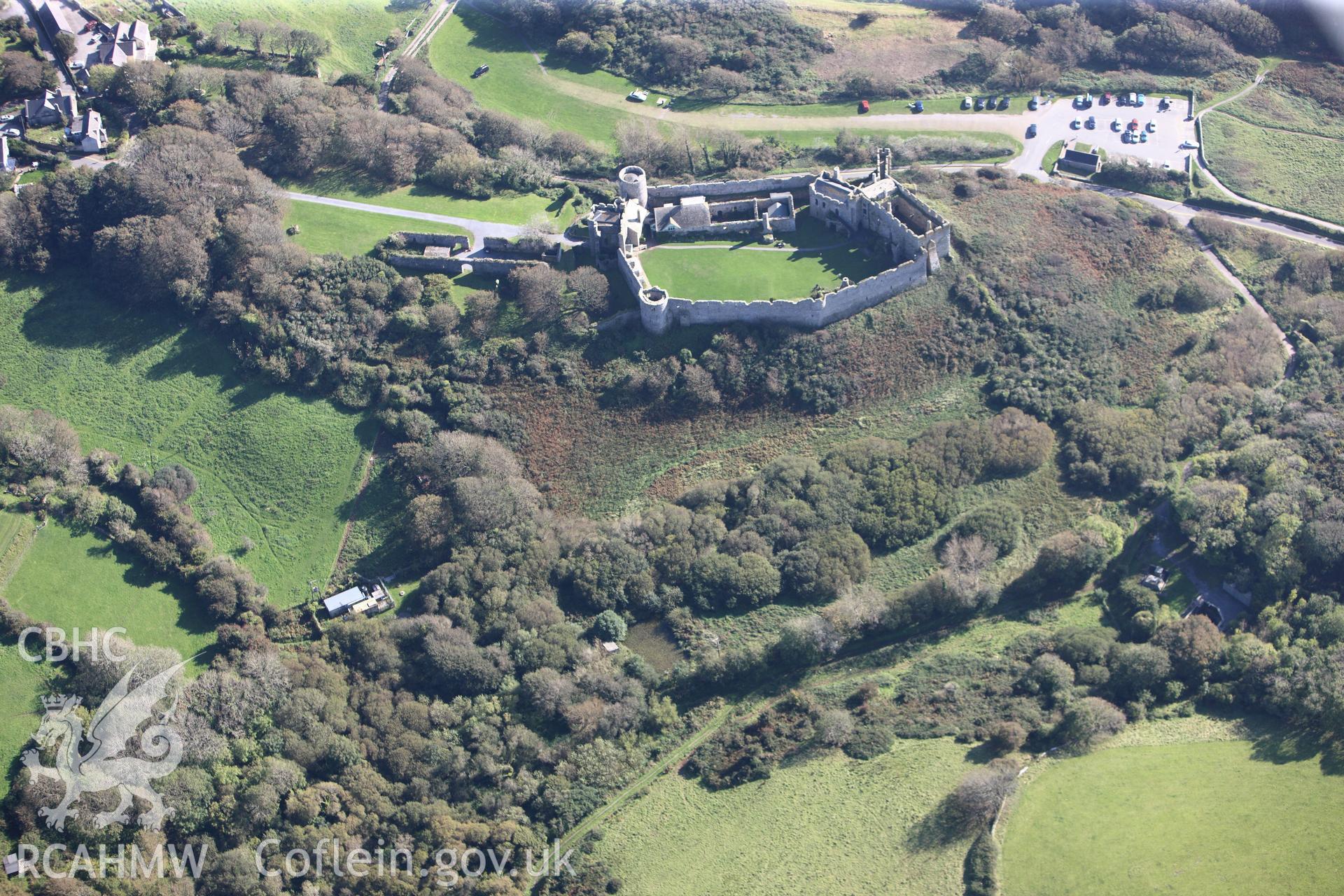 RCAHMW colour oblique photograph of Manobier Castle, viewed from the north. Taken by Toby Driver and Oliver Davies on 28/09/2011.