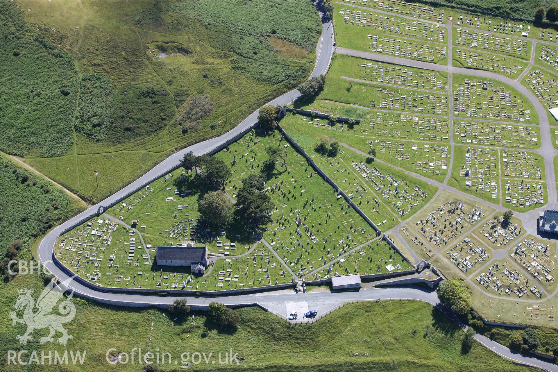 RCAHMW colour oblique photograph of Great Orme Cemetery, and St Tudno's Church. Taken by Toby Driver on 20/07/2011.