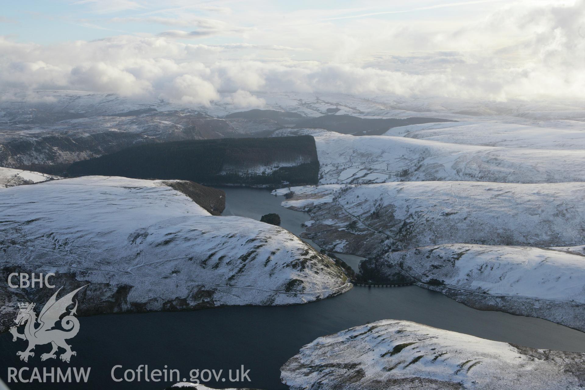 RCAHMW colour oblique photograph of Craig Goch Dam, view from north-west. Taken by Toby Driver on 18/12/2011.