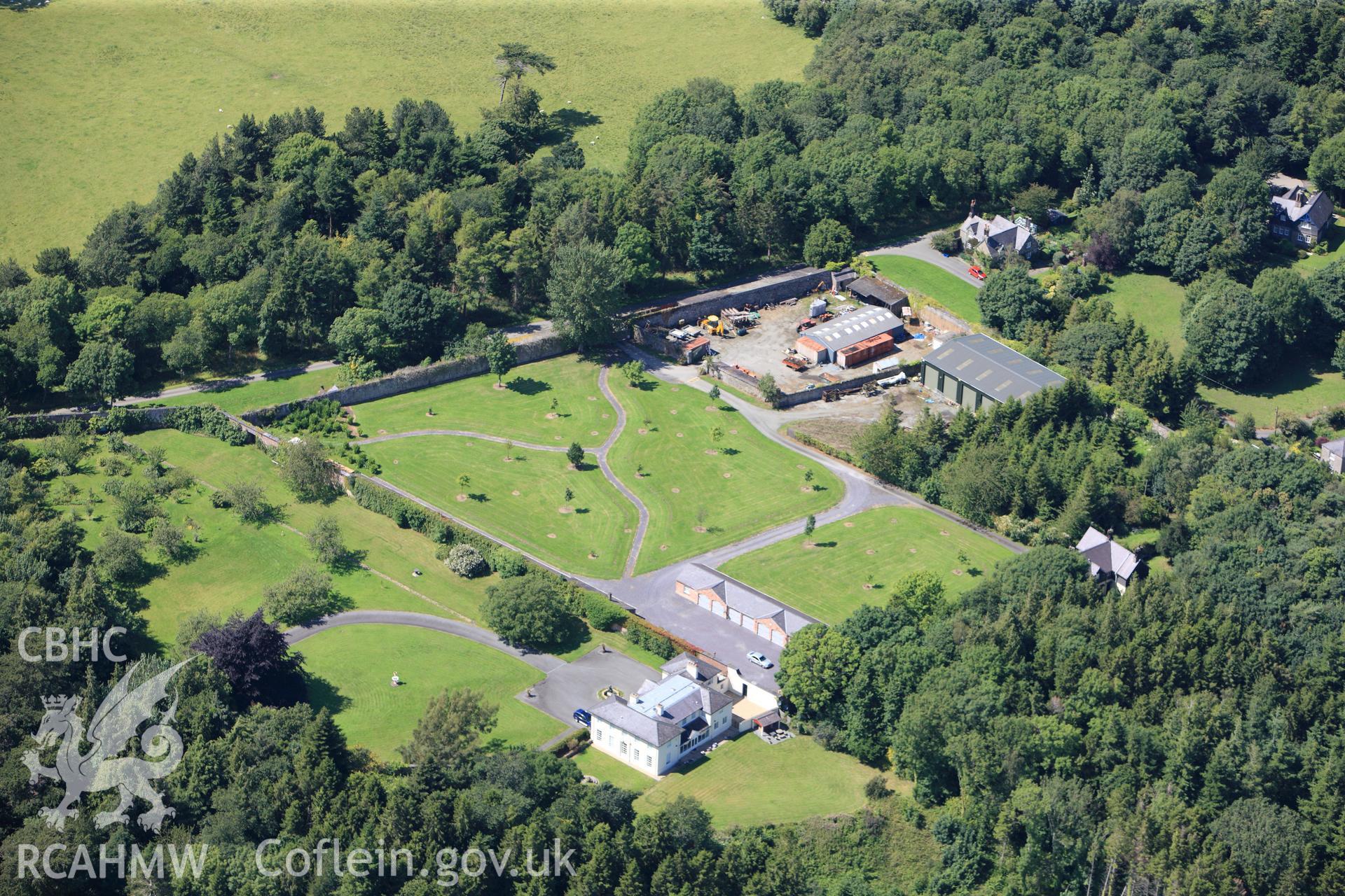 RCAHMW colour oblique photograph of Penrhyn Castle gardens, Maes y Gerddi and north walled garden. Taken by Toby Driver on 20/07/2011.