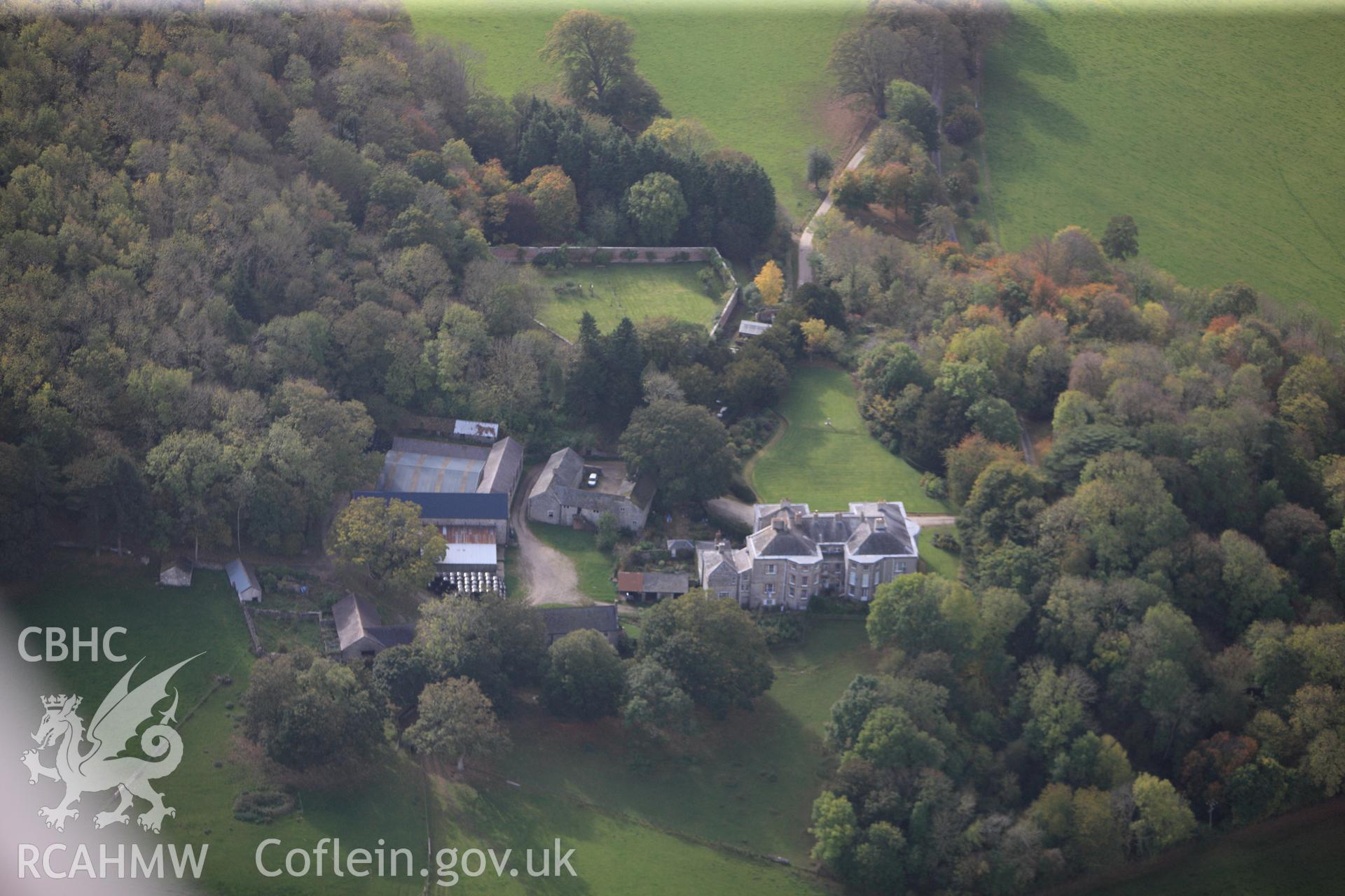 RCAHMW colour oblique photograph of Plas Heaton Mansion, Henllan. Taken by Toby Driver on 04/10/2011.