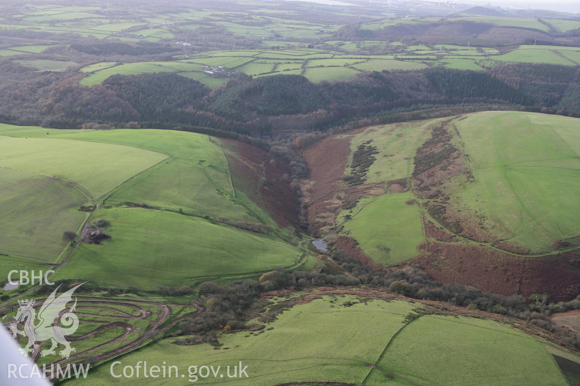 RCAHMW colour oblique photograph of house platforms, Mynydd Ty Talwyn. Taken by Toby Driver on 17/11/2011.