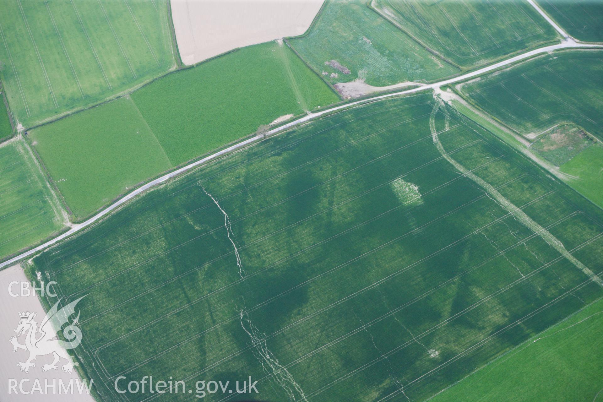 RCAHMW colour oblique photograph of Hindwell Cursus, north-east terminal. Taken by Toby Driver on 26/04/2011.