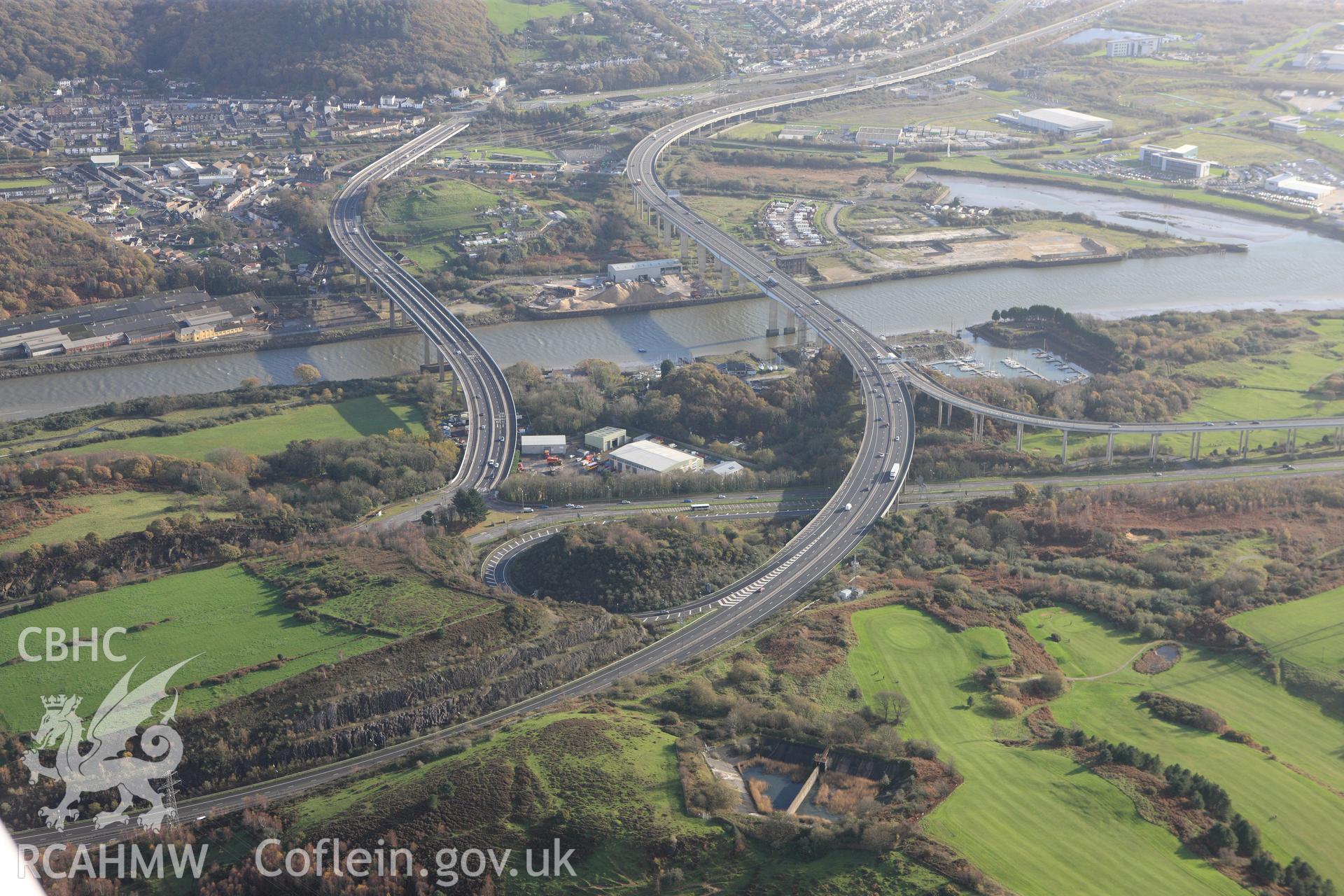 RCAHMW colour oblique photograph of Hen Gastell, with the M4. Taken by Toby Driver on 17/11/2011.