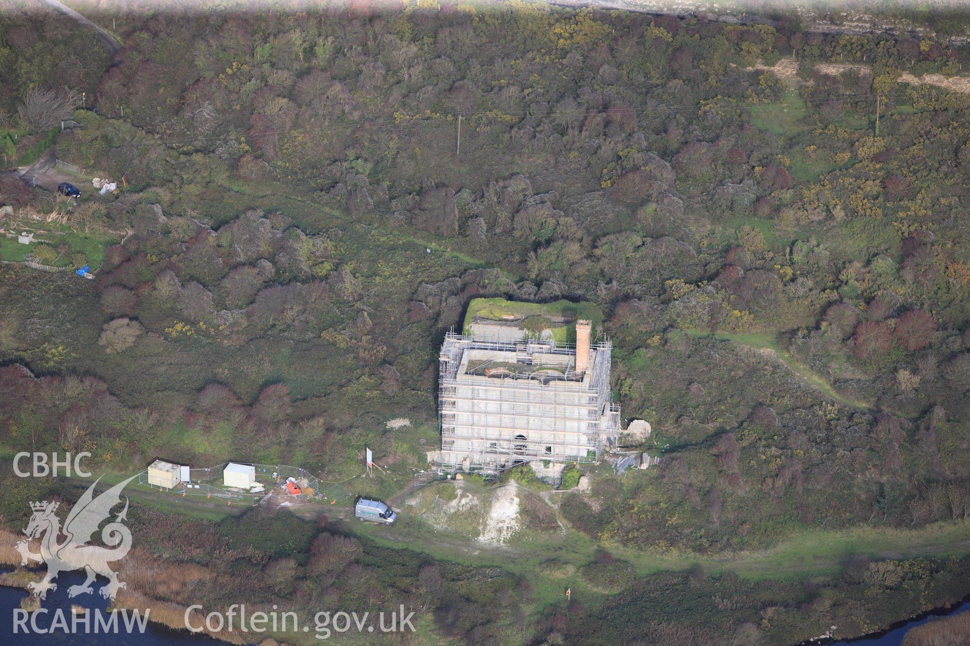 RCAHMW colour oblique photograph of Aberthaw Lime Works and Cement Works. Taken by Toby Driver on 17/11/2011.