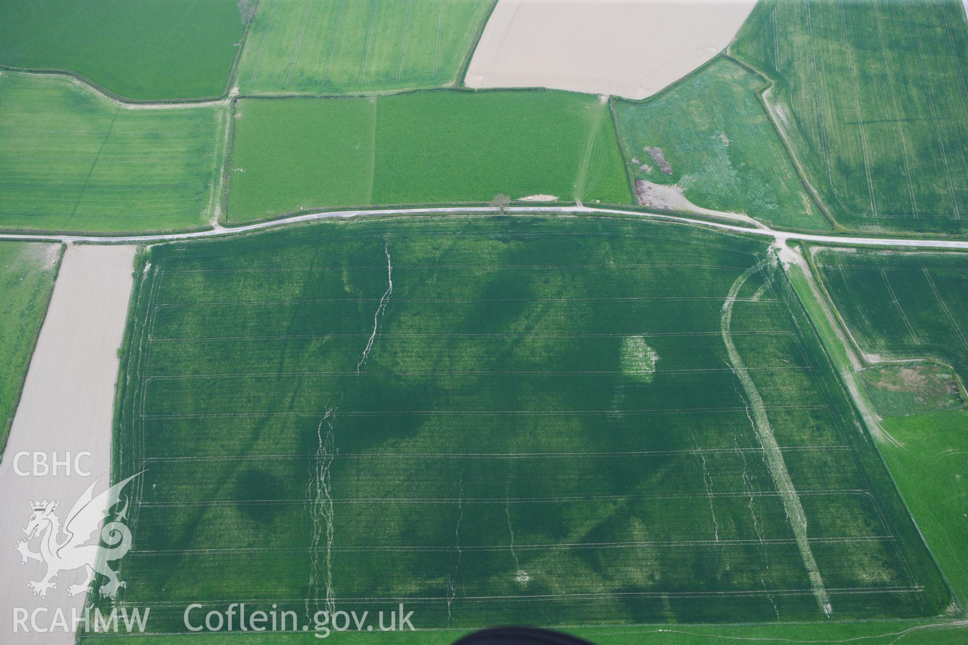 RCAHMW colour oblique photograph of Hindwell Cursus, north-east terminal. Taken by Toby Driver on 26/04/2011.