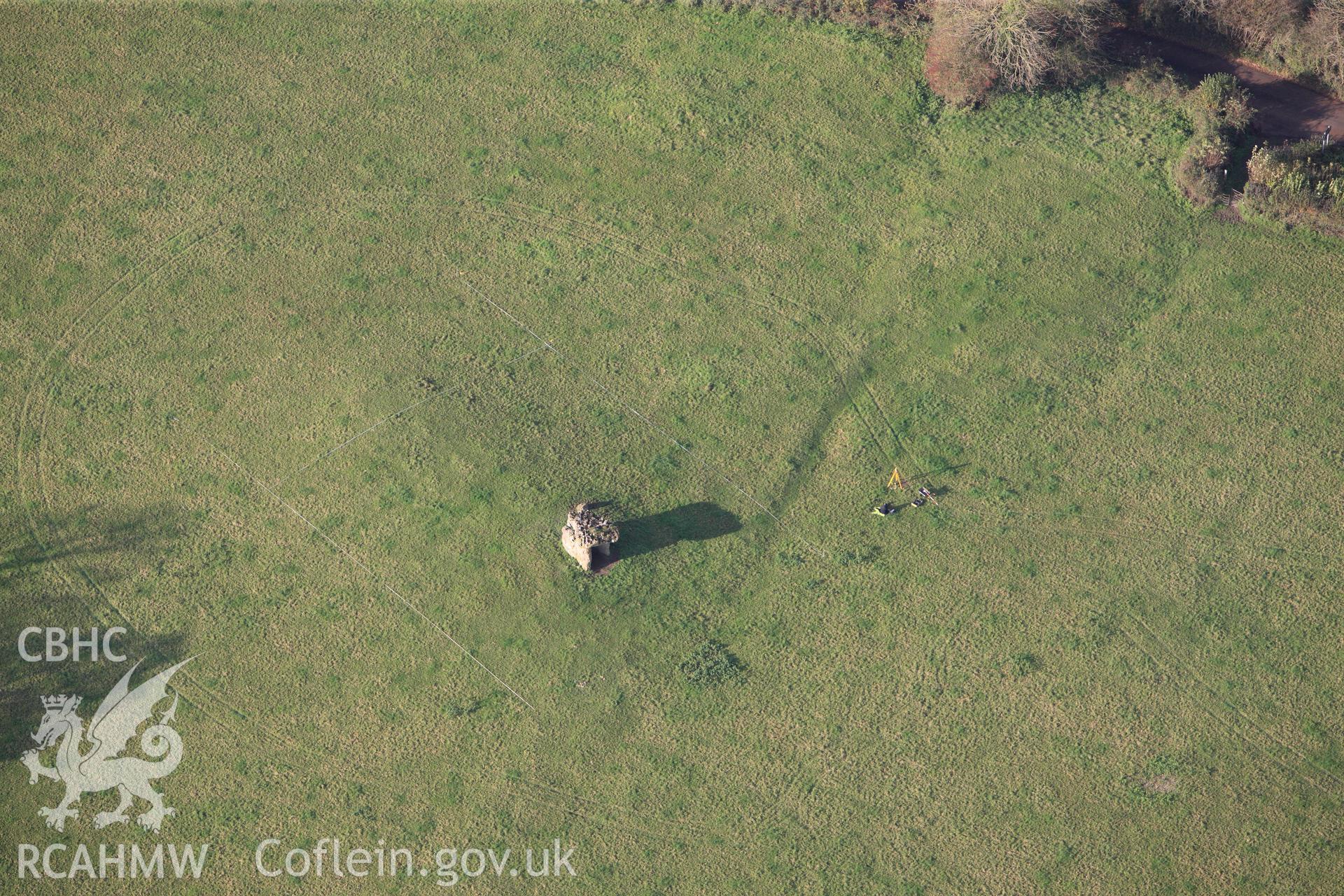 RCAHMW colour oblique photograph of St Lythans Chambered Long Cairn. Taken by Toby Driver on 17/11/2011.