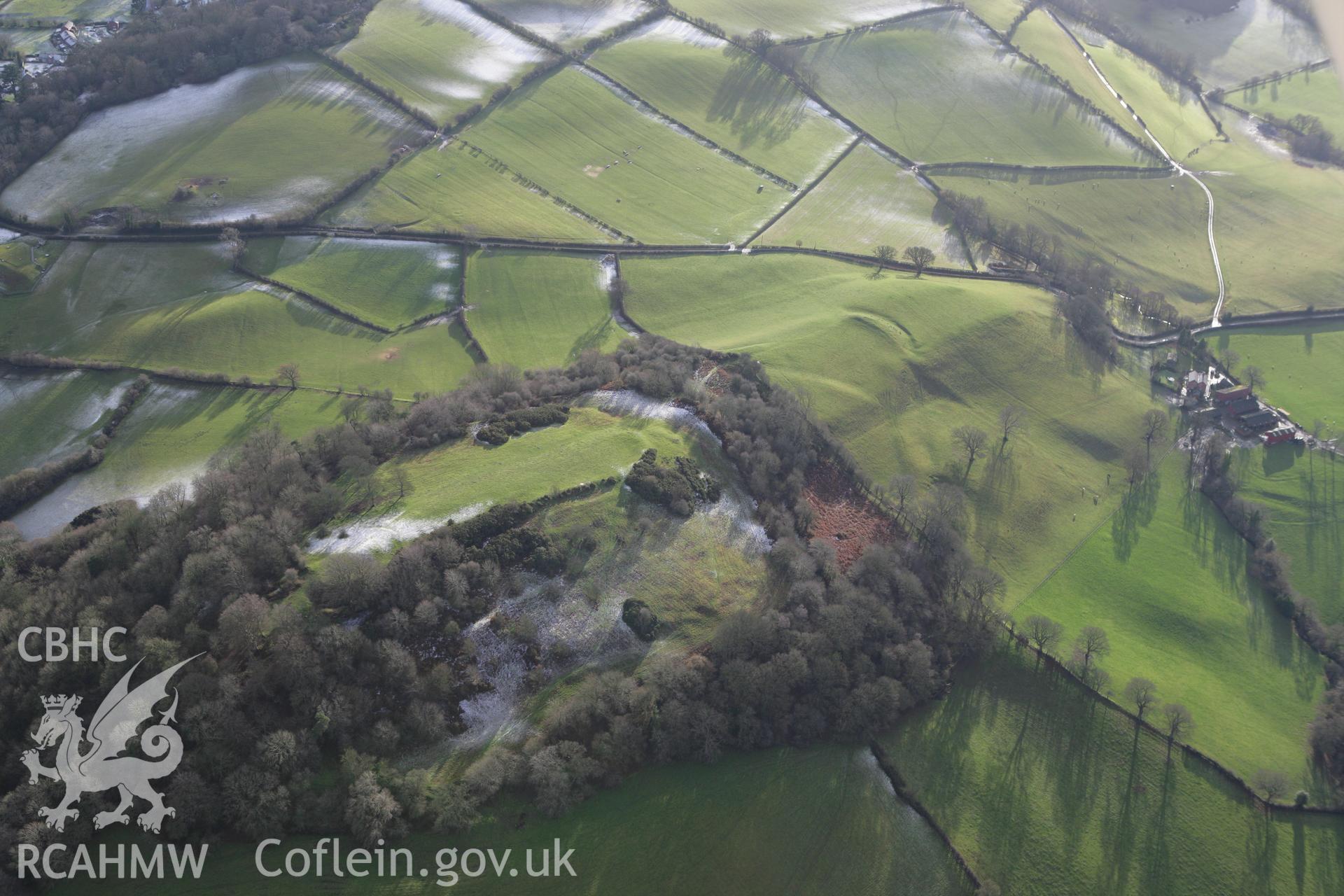 RCAHMW colour oblique photograph of Ffridd Faldwyn Hillfort, with frost, from north. Taken by Toby Driver on 18/12/2011.