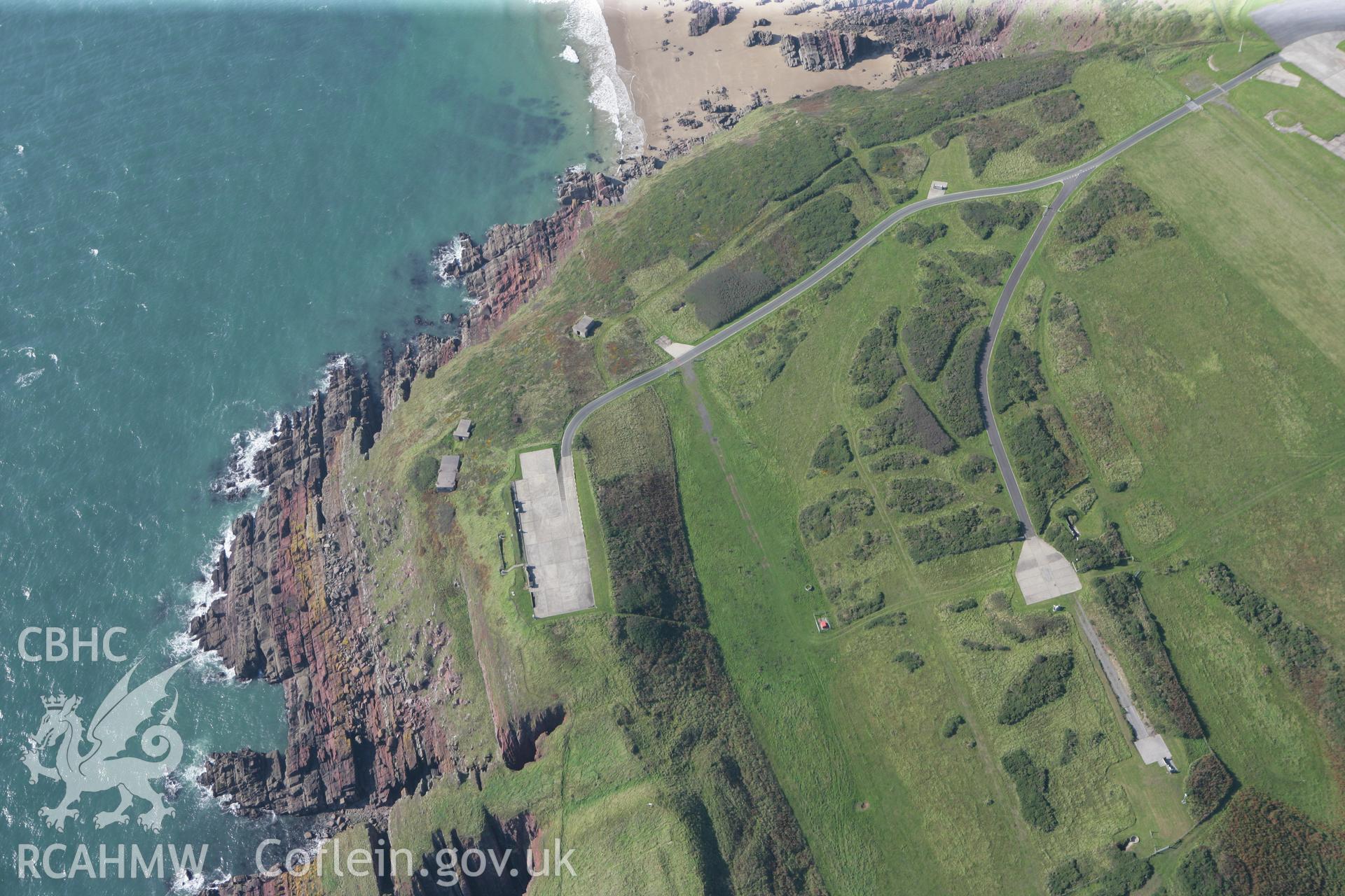 RCAHMW colour oblique photograph of Manorbier radar station, Old Castle Head, viewed from the east. Taken by Toby Driver and Oliver Davies on 28/09/2011.