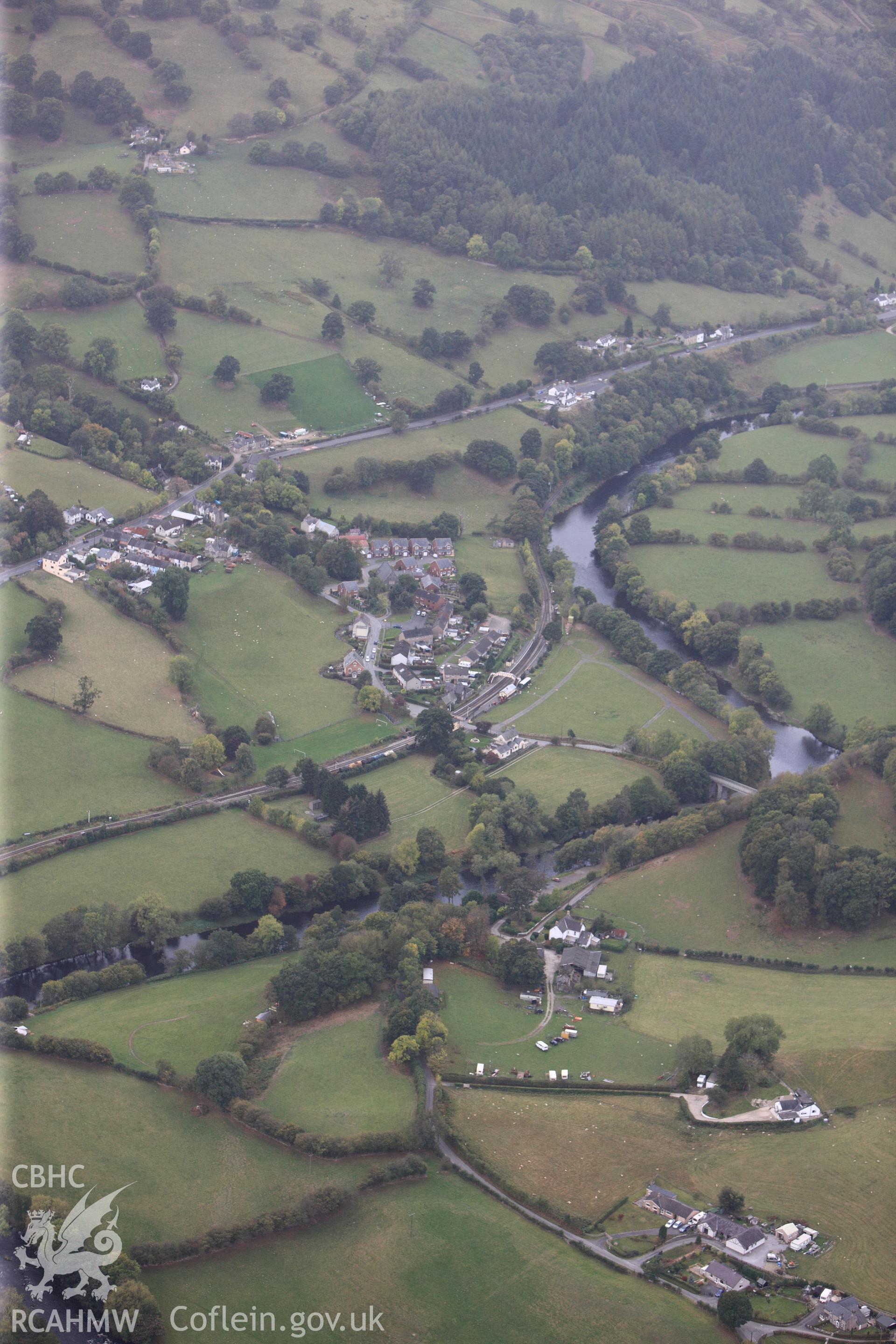 RCAHMW colour oblique photograph of View from east towards Glyndyfrdwy Village. Taken by Toby Driver on 04/10/2011.
