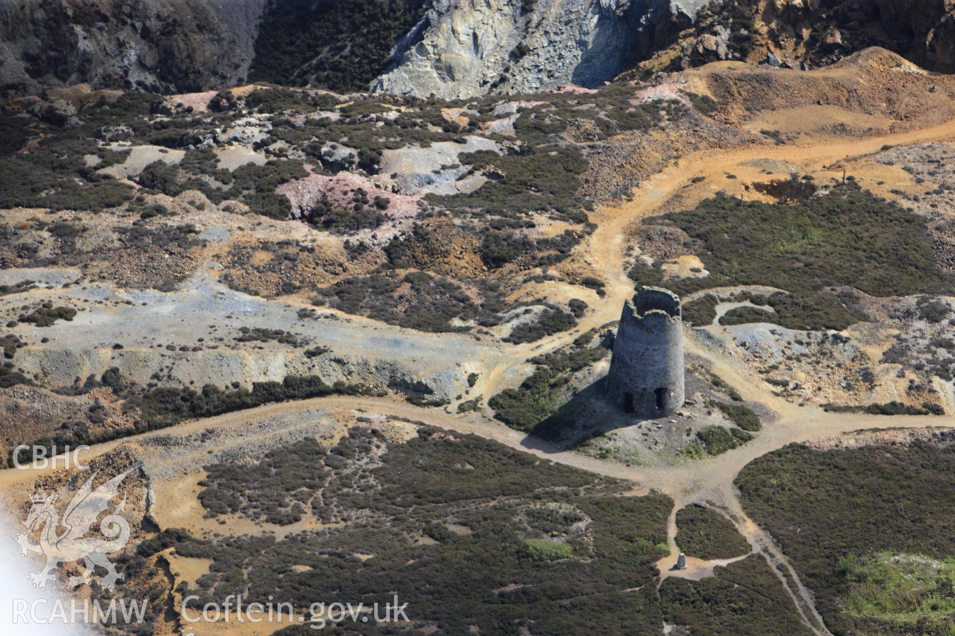 RCAHMW colour oblique photograph of Parys Mountain Copper Mines, pumping windmill. Taken by Toby Driver on 20/07/2011.