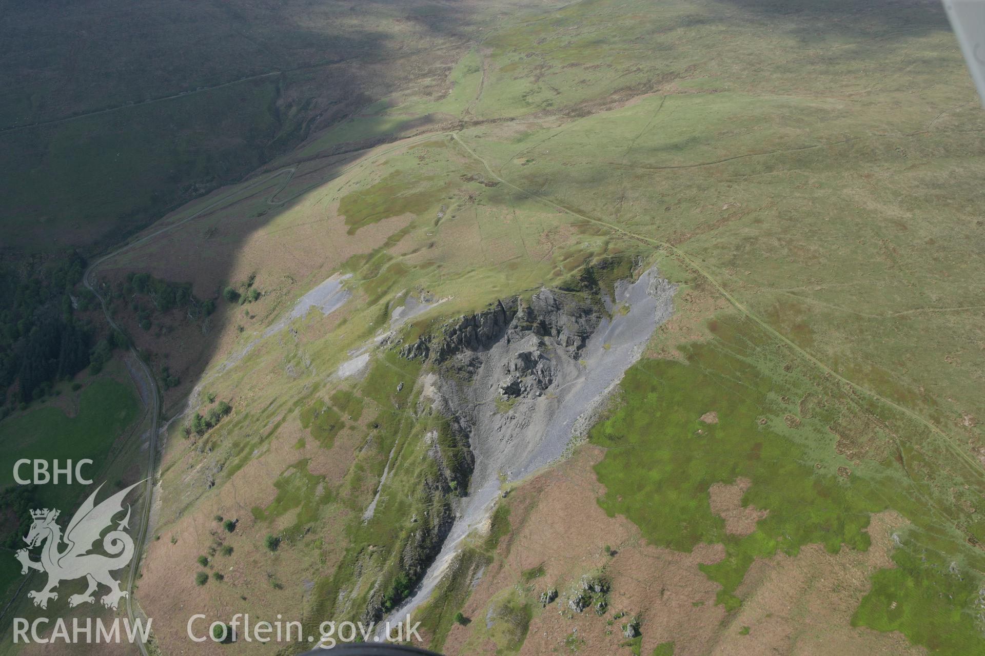 RCAHMW colour oblique photograph of Craig-y-mwyn Lead Mine, Llanrhaedr-ym-Mochnant. Taken by Toby Driver on 03/05/2011.