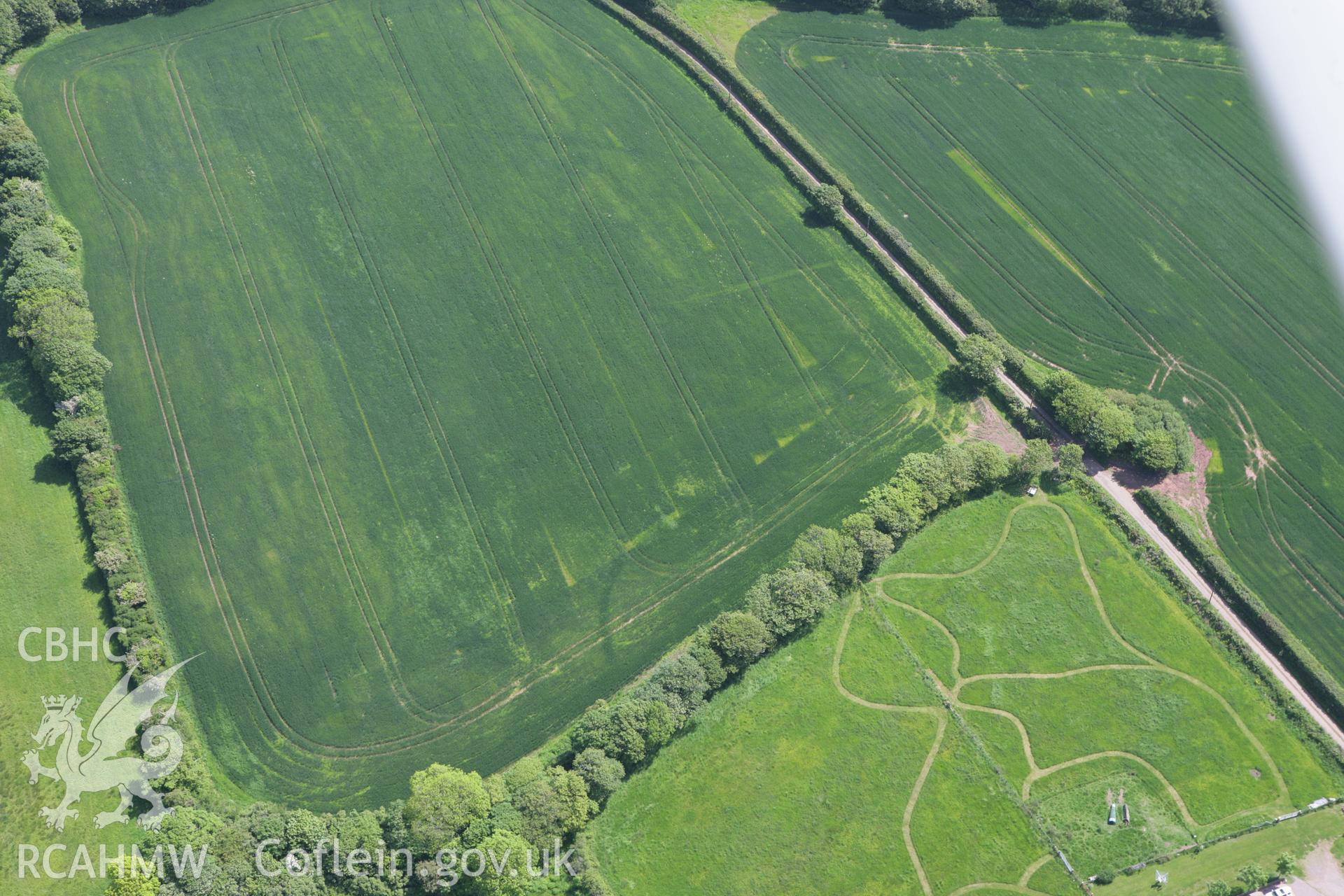 RCAHMW colour oblique photograph of Cropmarks east of Butterhill Farm. Taken by Toby Driver on 24/05/2011.